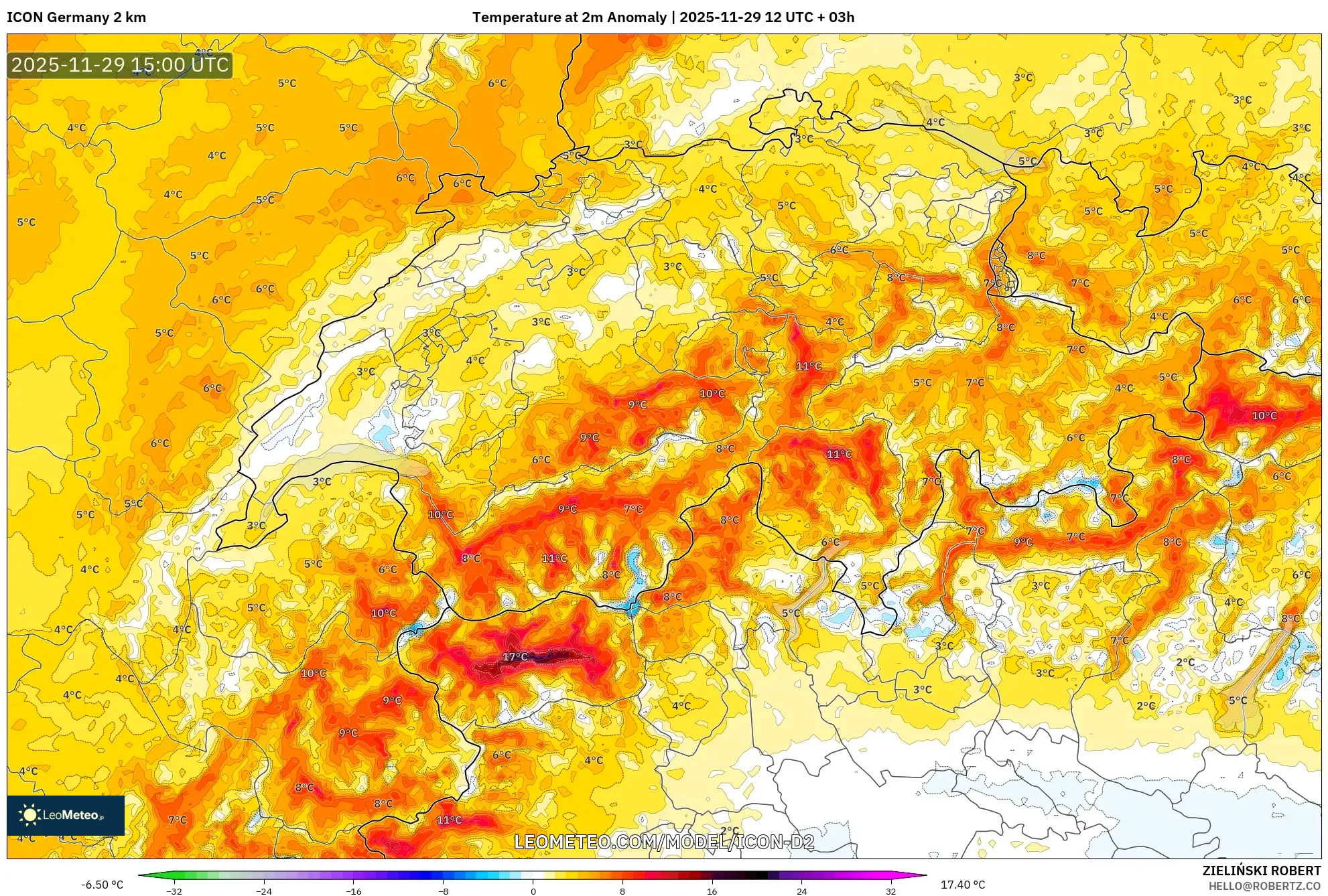 ICON Germany 2 km model - Switzerland, Temperature at 2m Anomaly