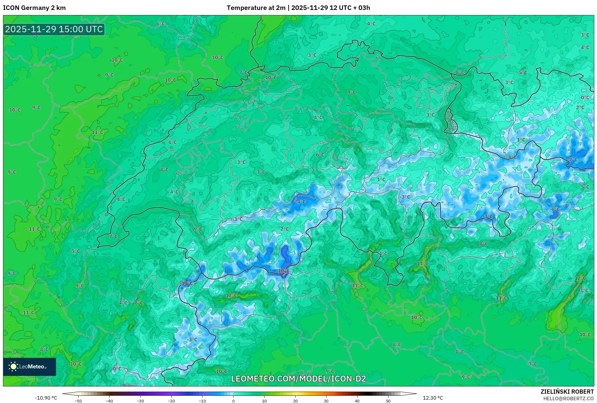 ICON Germany 2 km model - Switzerland, Temperature at 2m