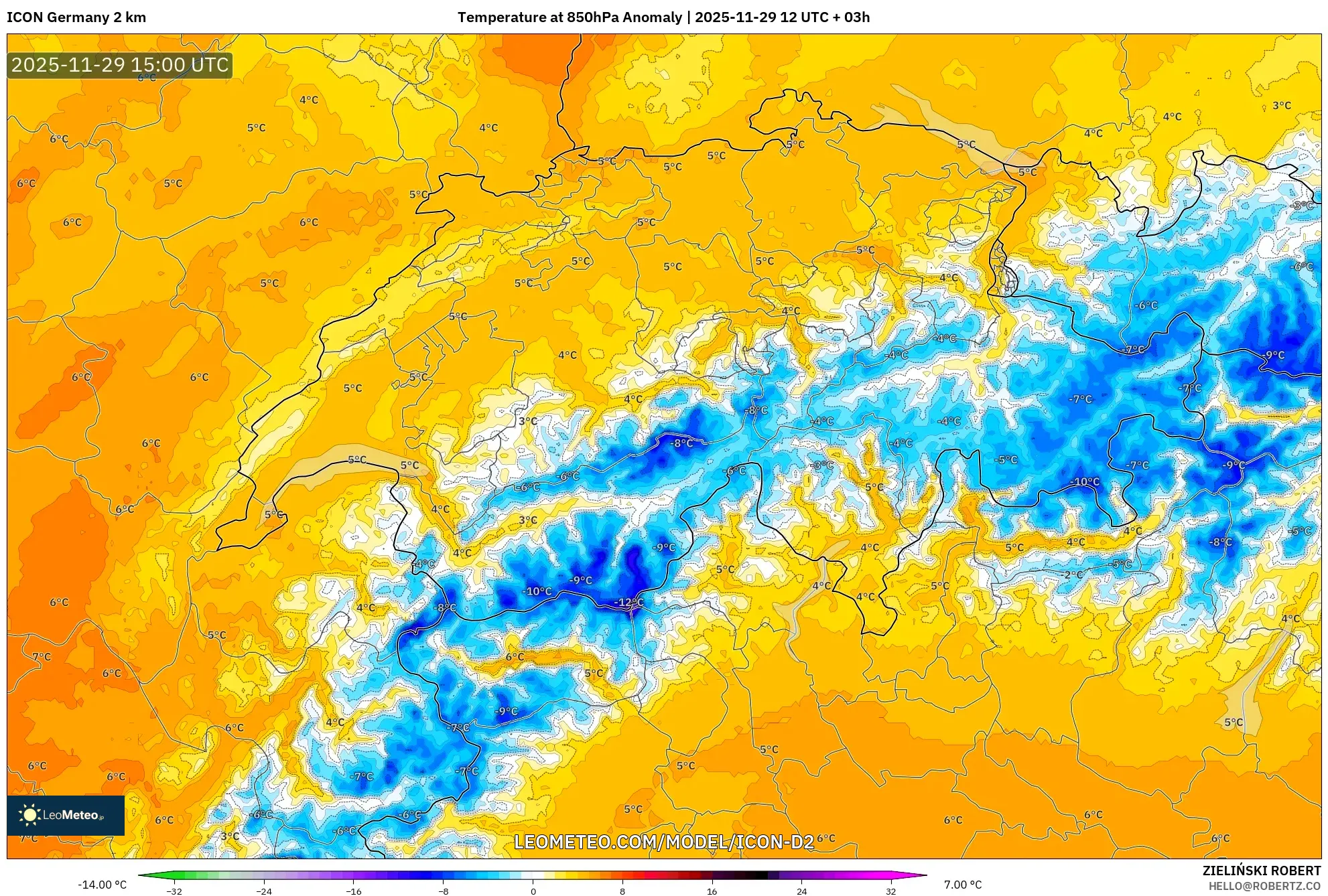 ICON Germany 2 km model - Switzerland, Temperature at 850hPa Anomaly