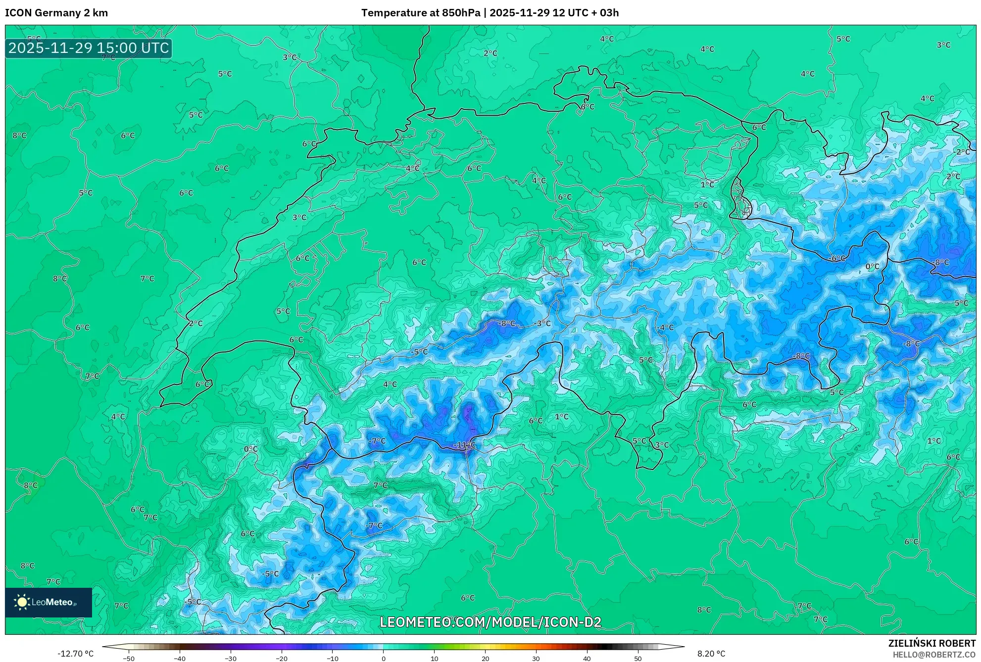 ICON Germany 2 km model - Switzerland, Temperature at 850hPa