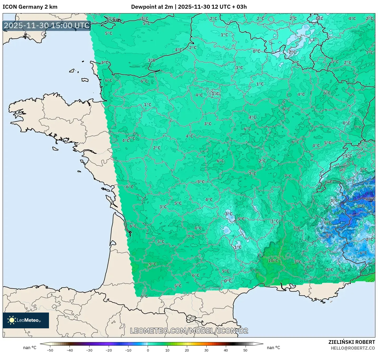 ICON Germany 2 km model - France, Dewpoint at 2m