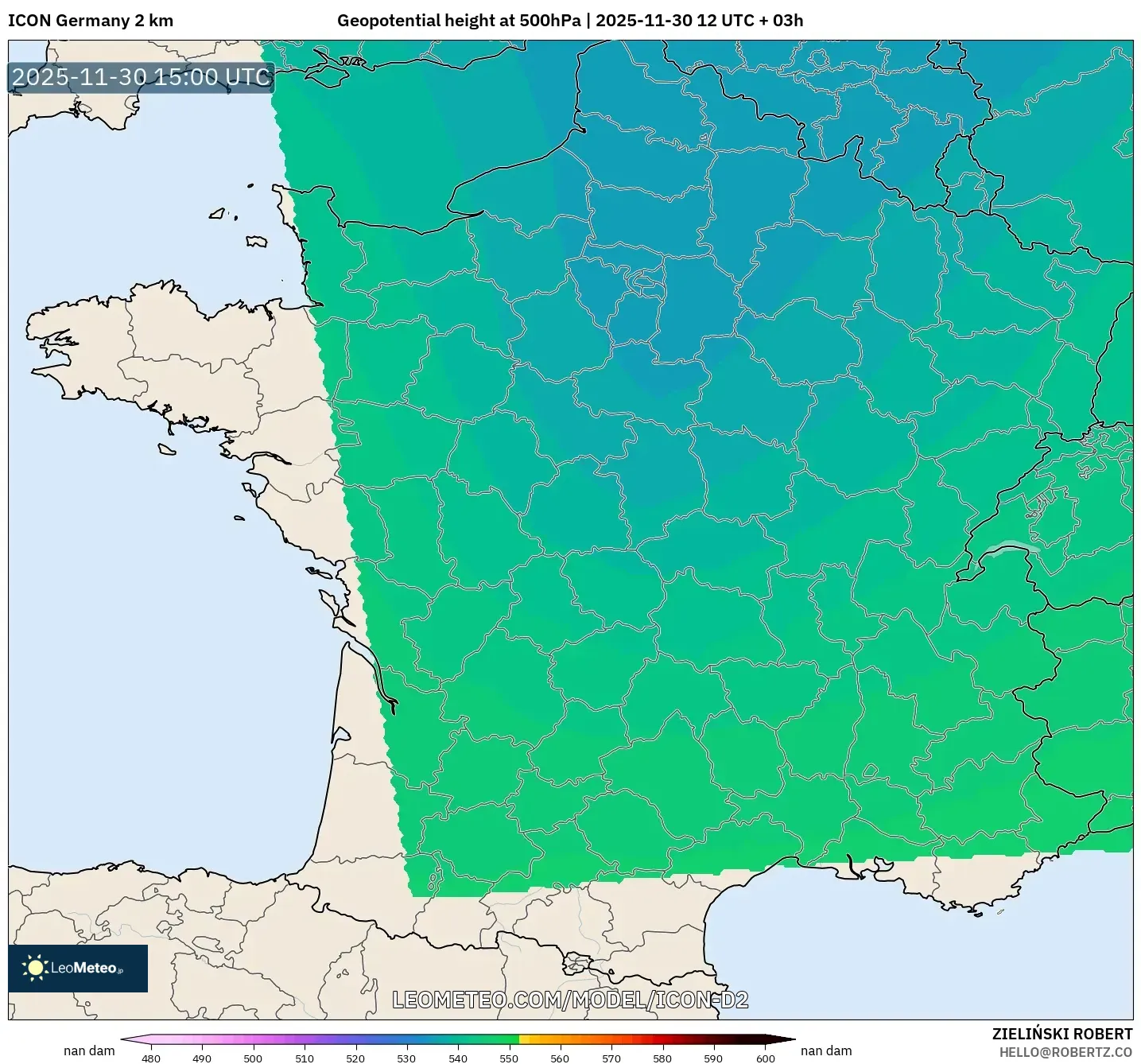 ICON Germany 2 km model - France, Geopotential height at 500hPa