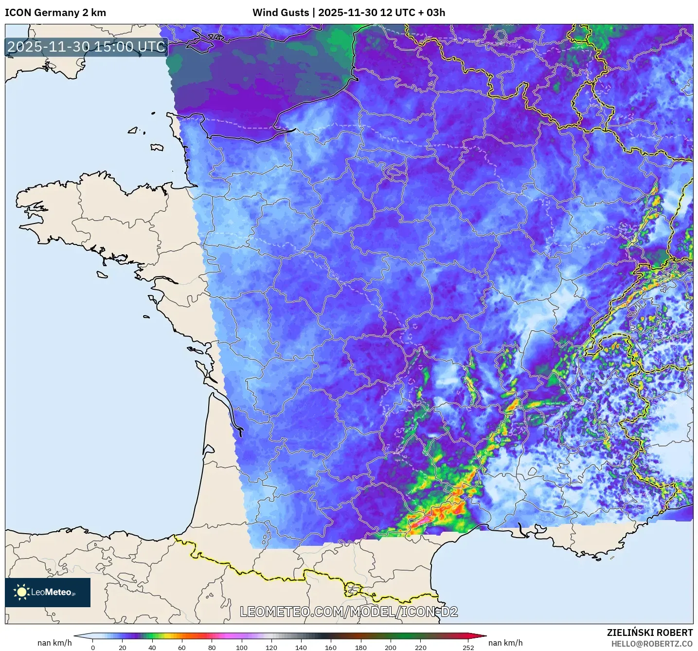 ICON Germany 2 km model - France, Wind Gusts