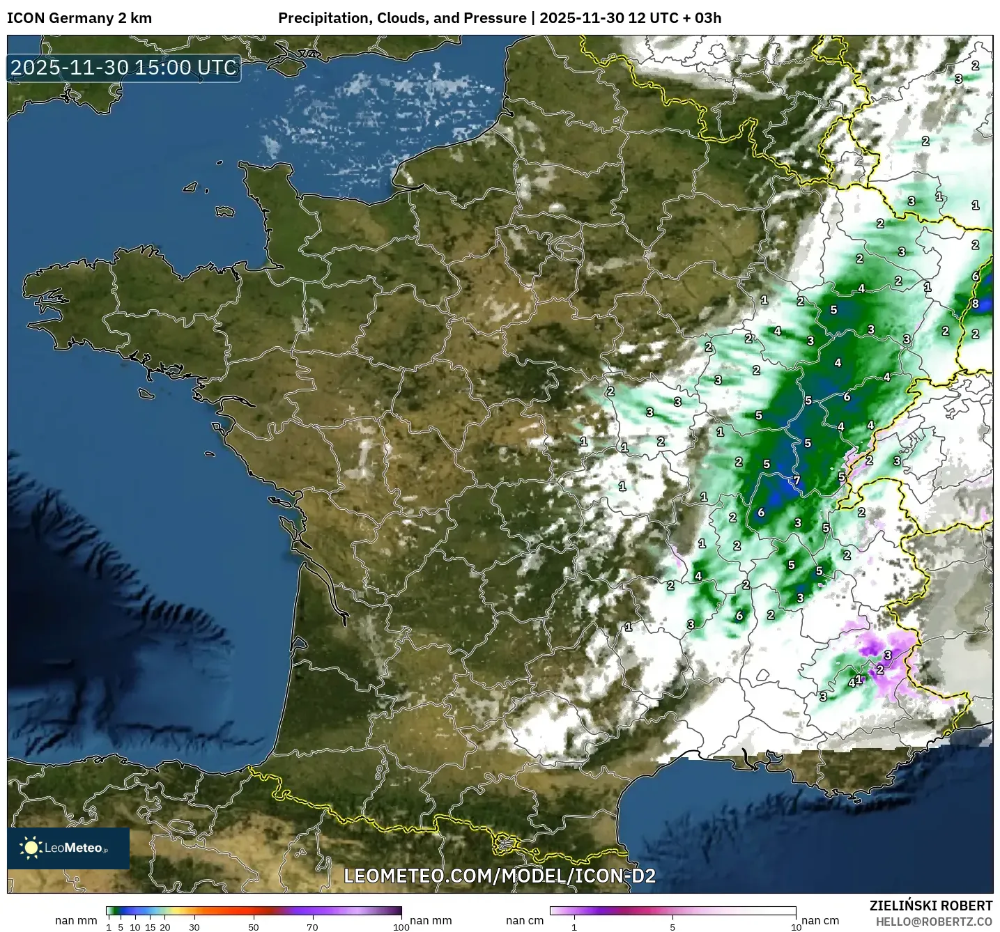 ICON Germany 2 km model - France, Precipitation, Clouds, and Pressure