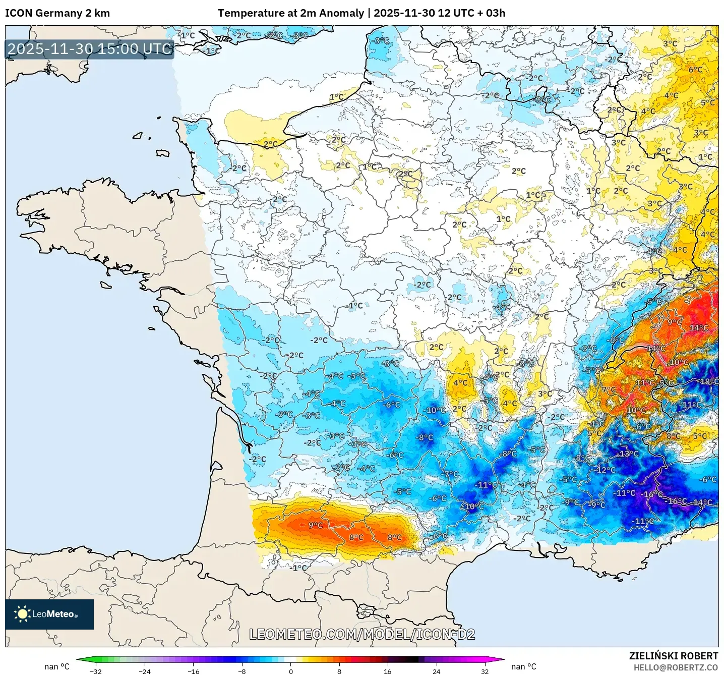 ICON Germany 2 km model - France, Temperature at 2m Anomaly