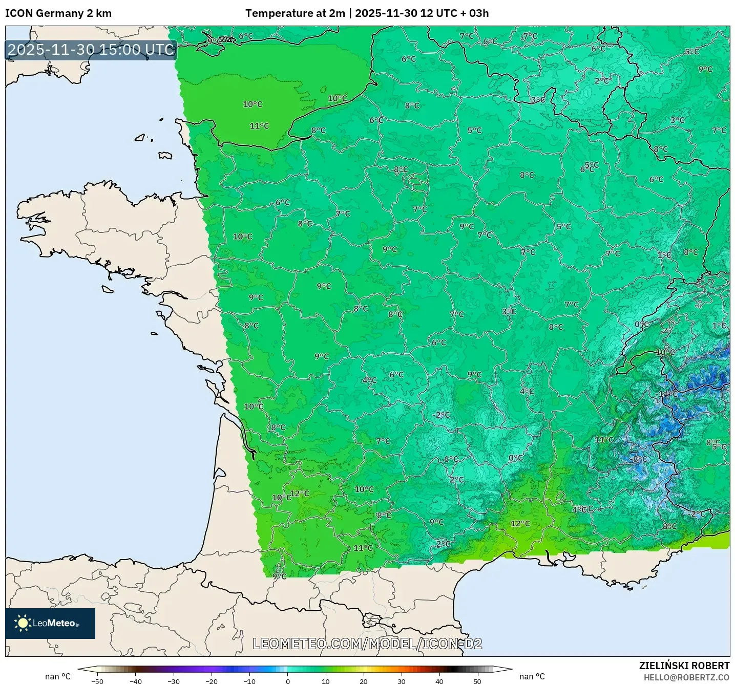 ICON Germany 2 km model - France, Temperature at 2m