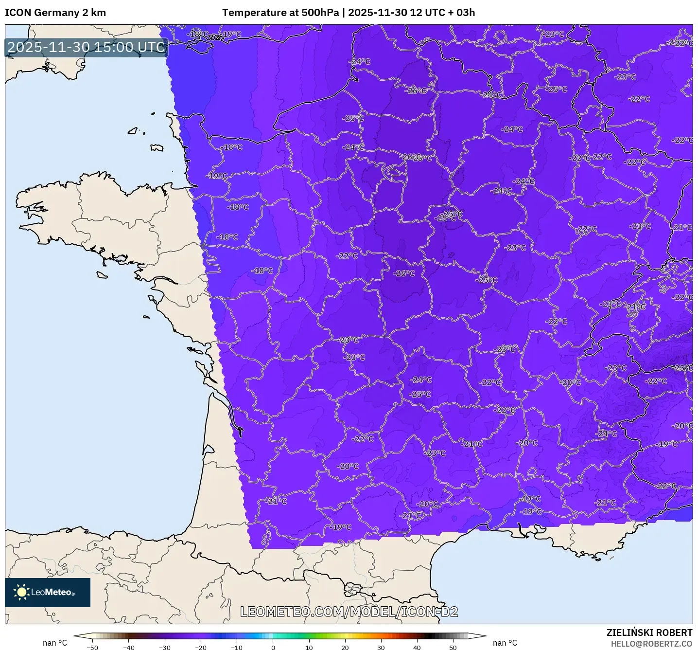 ICON Germany 2 km model - France, Temperature at 500hPa