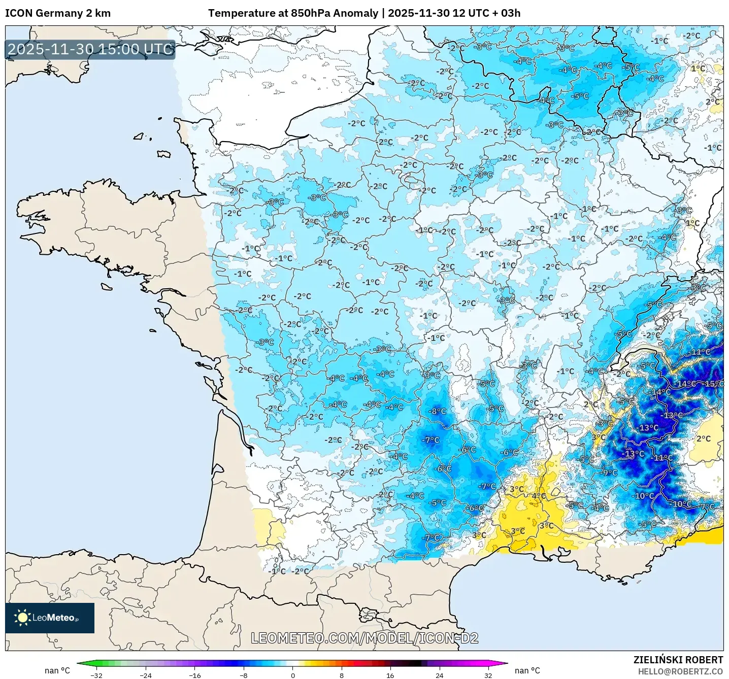 ICON Germany 2 km model - France, Temperature at 850hPa Anomaly