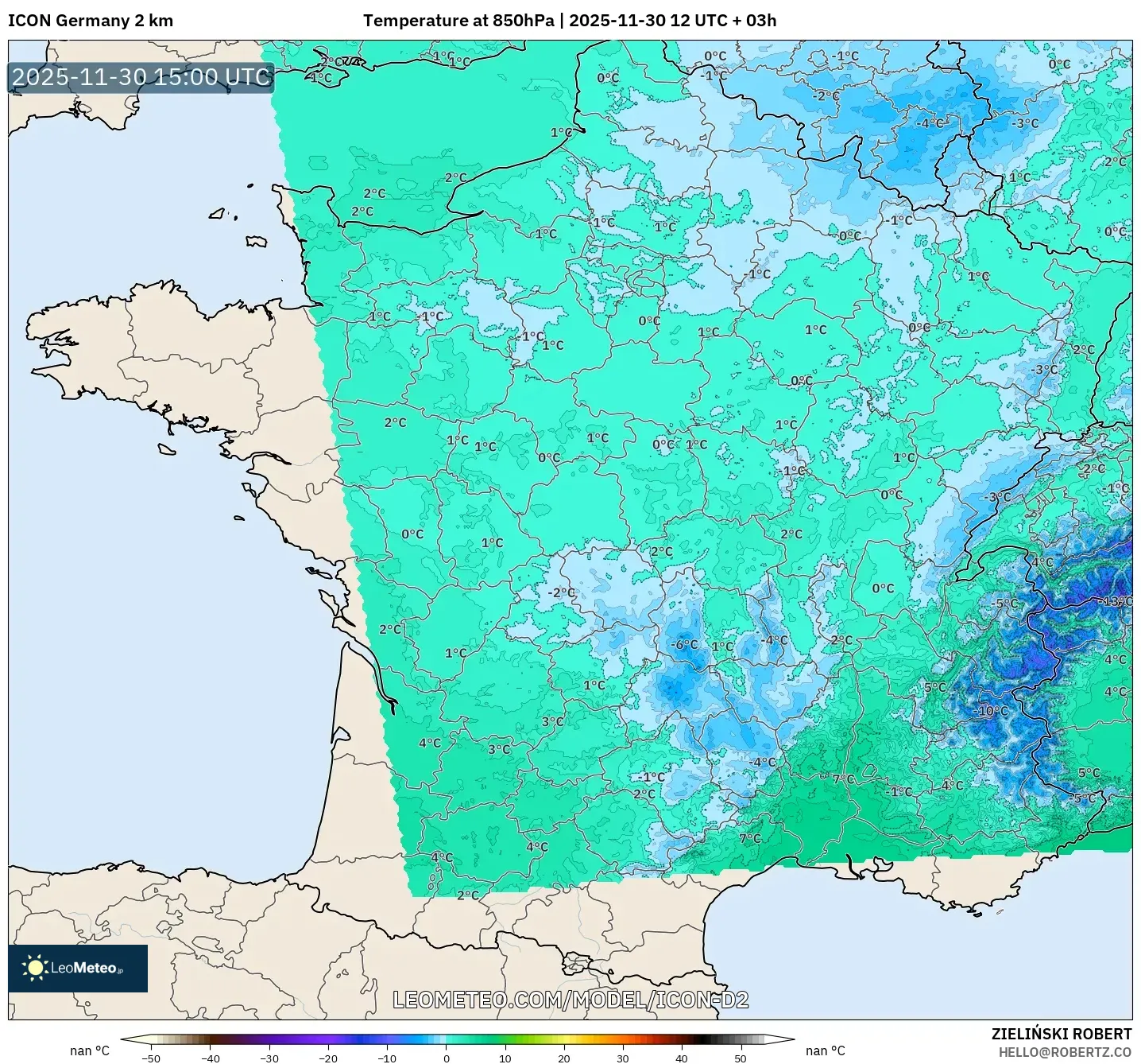 ICON Germany 2 km model - France, Temperature at 850hPa