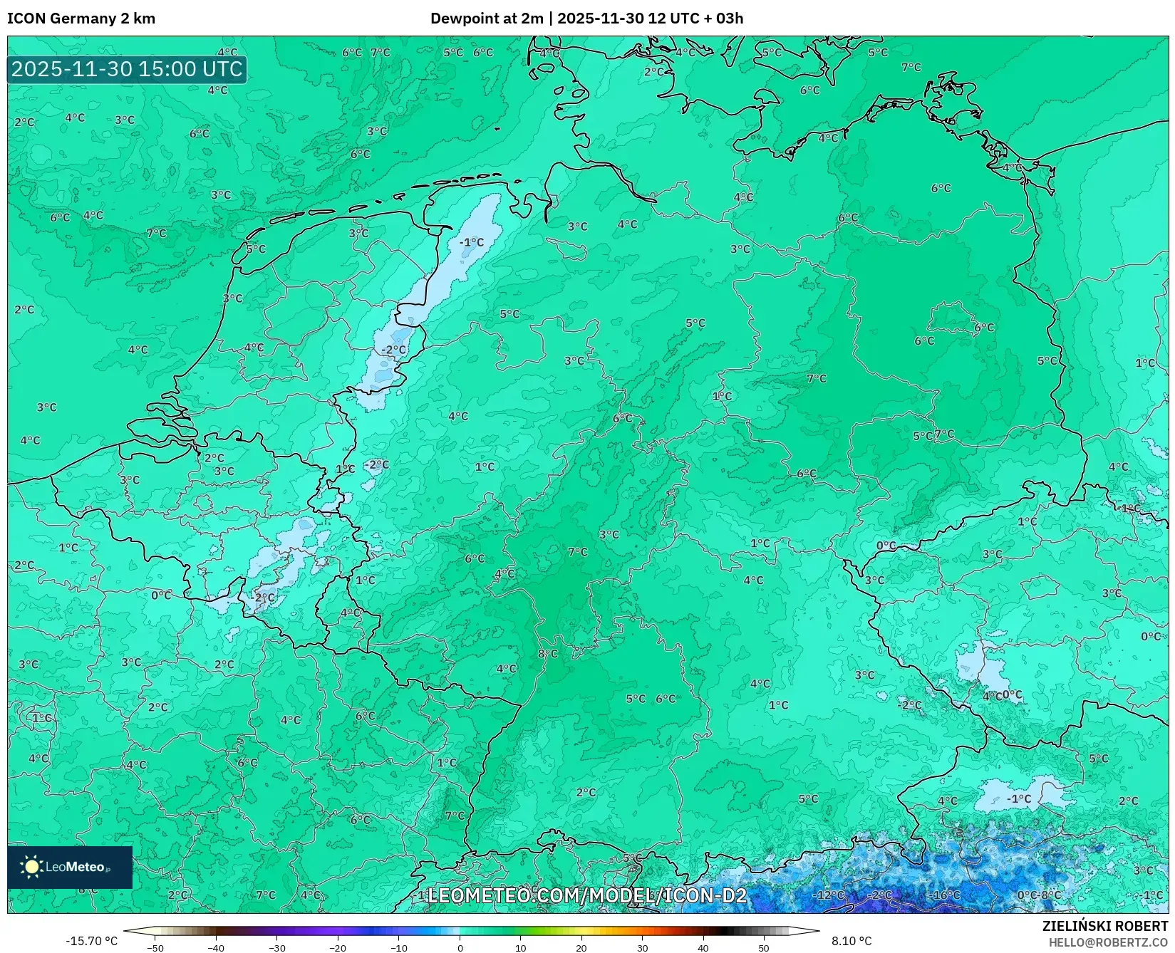 ICON Germany 2 km model - Germany, Dewpoint at 2m