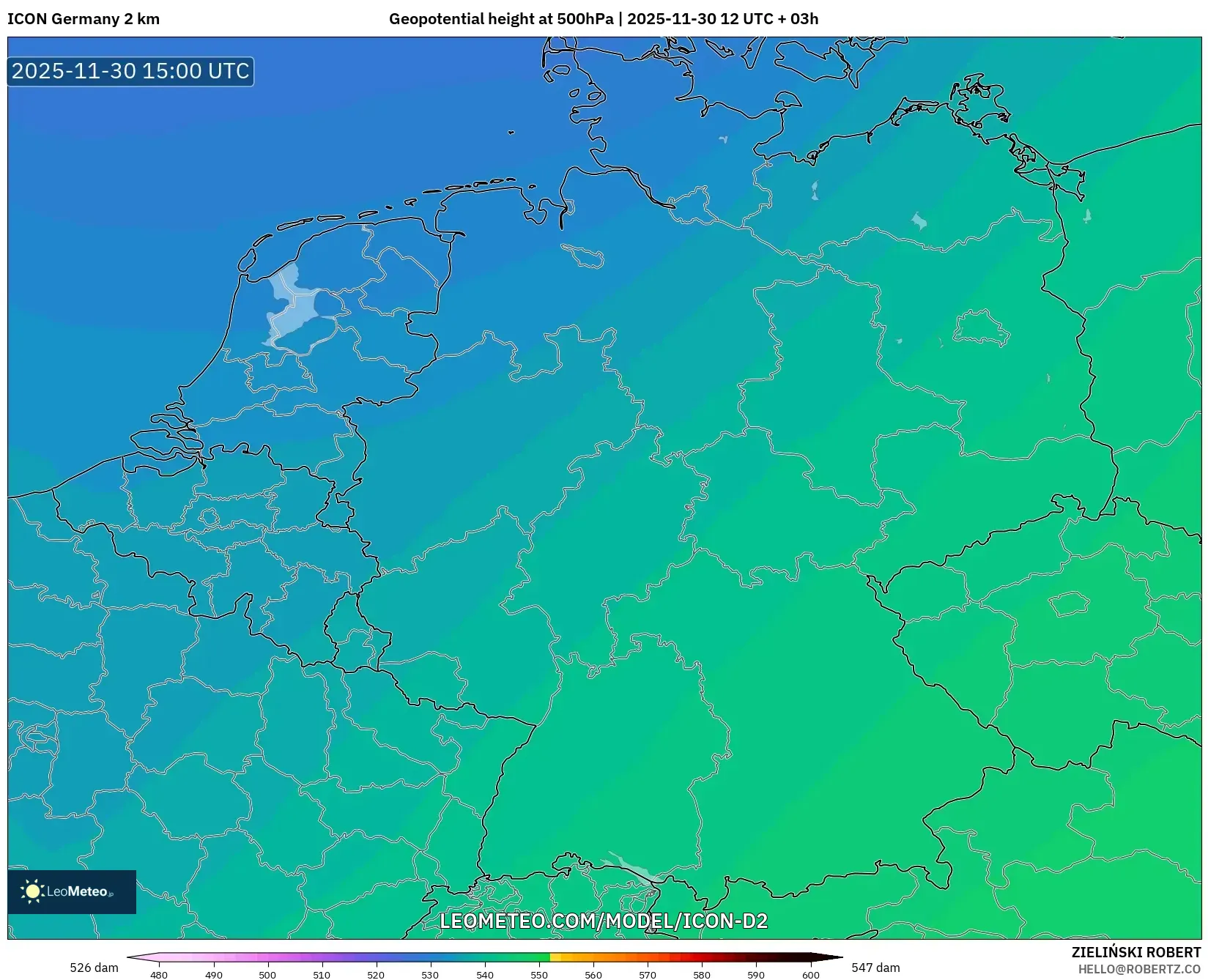 ICON Germany 2 km model - Germany, Geopotential height at 500hPa