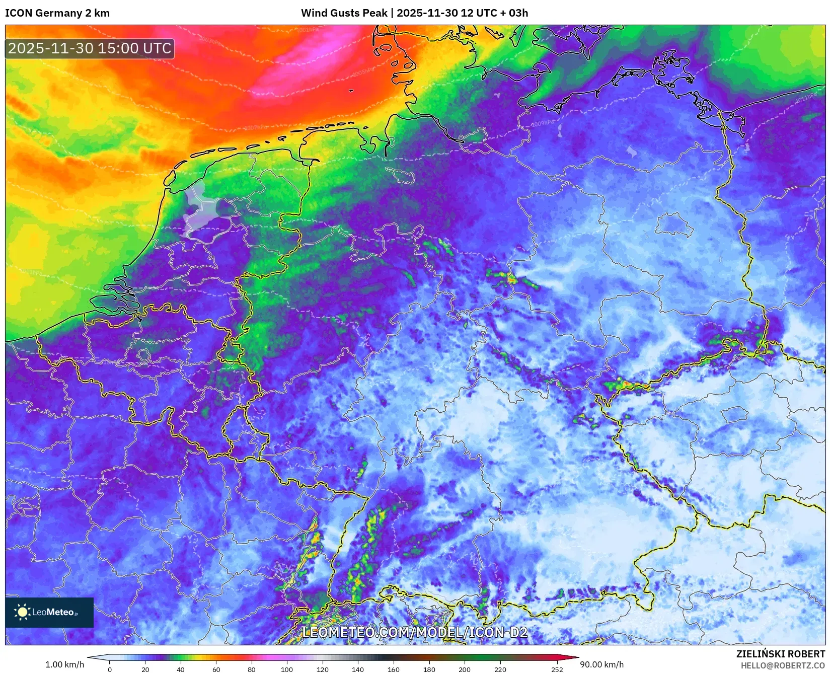 ICON Germany 2 km model - Germany, Wind Gusts Peak
