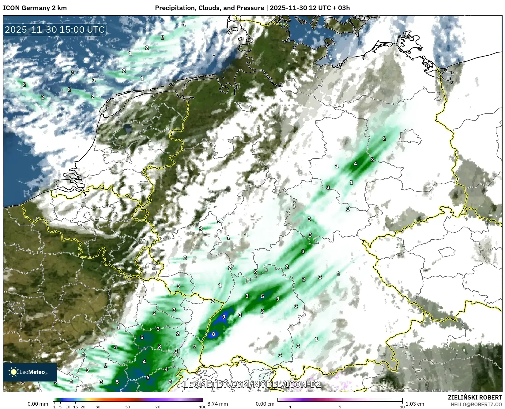 ICON Germany 2 km model - Germany, Precipitation, Clouds, and Pressure