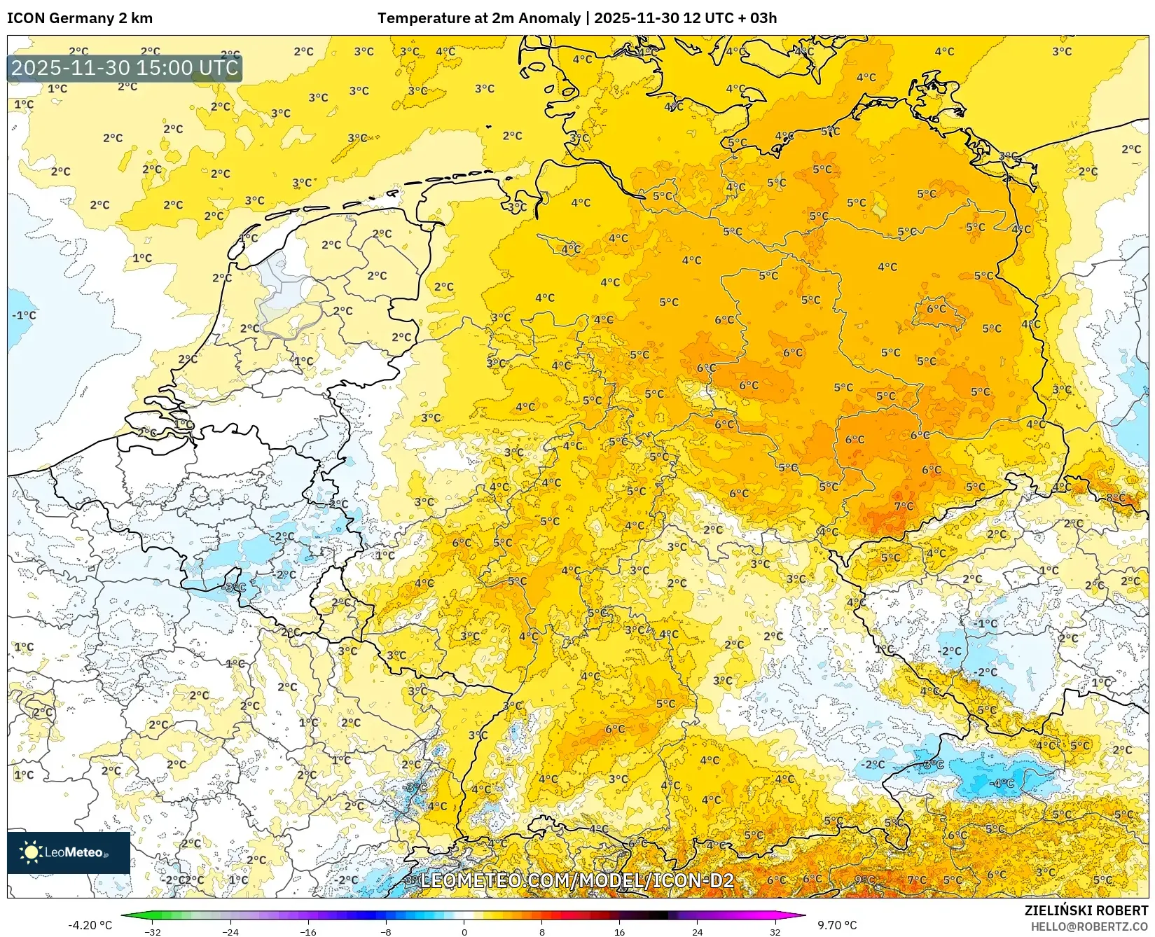 ICON Germany 2 km model - Germany, Temperature at 2m Anomaly