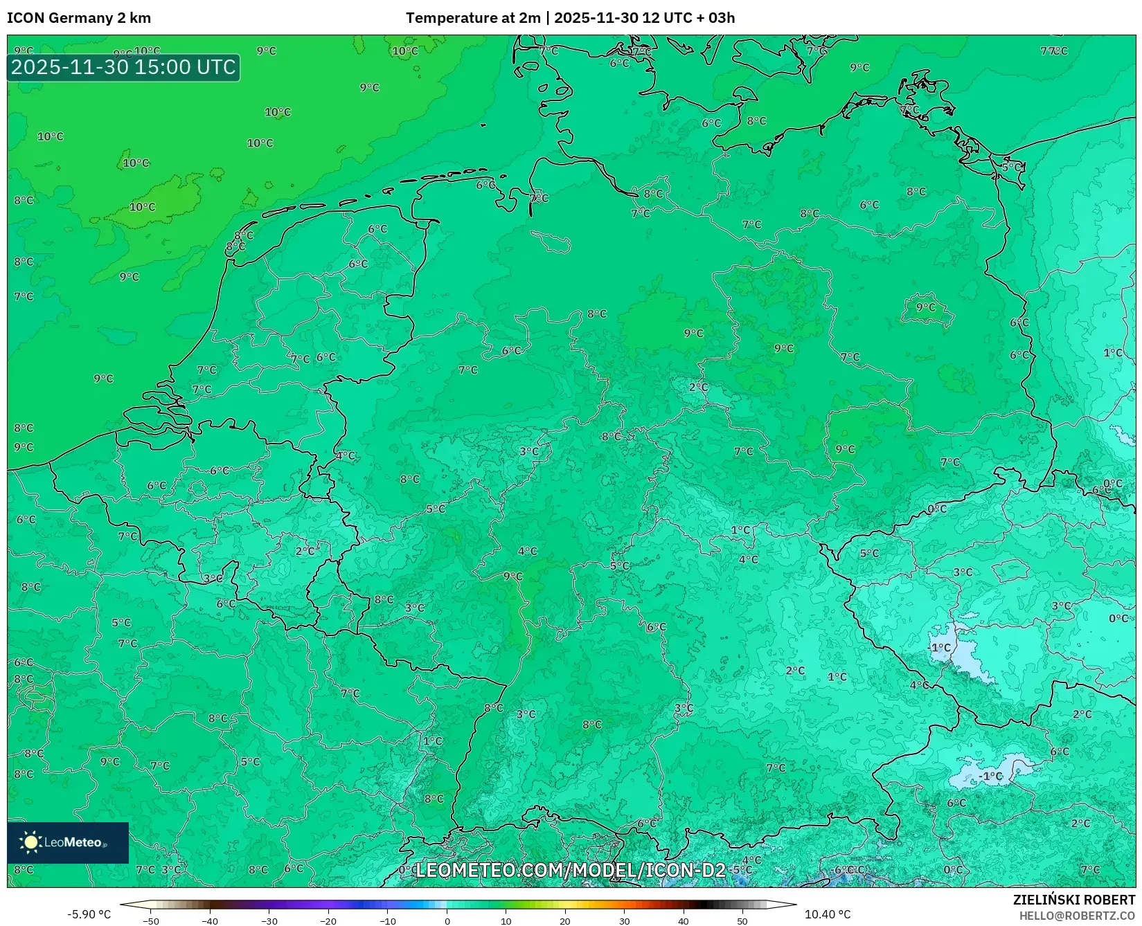 ICON Germany 2 km model - Germany, Temperature at 2m