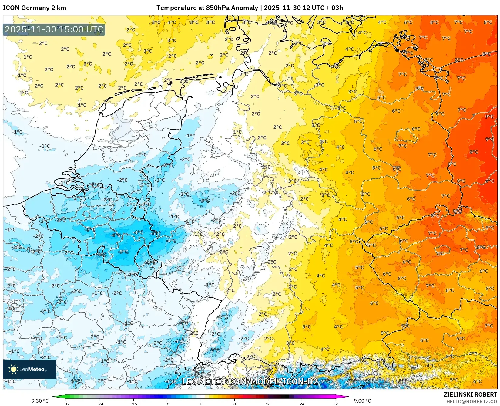 ICON Germany 2 km model - Germany, Temperature at 850hPa Anomaly