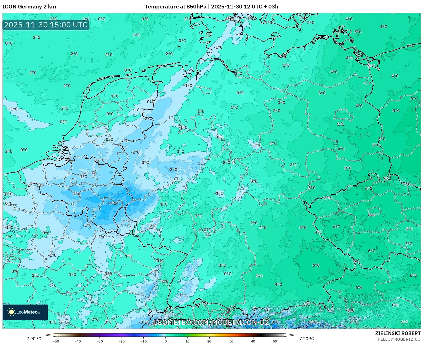 ICON Germany 2 km model - Germany, Temperature at 850hPa