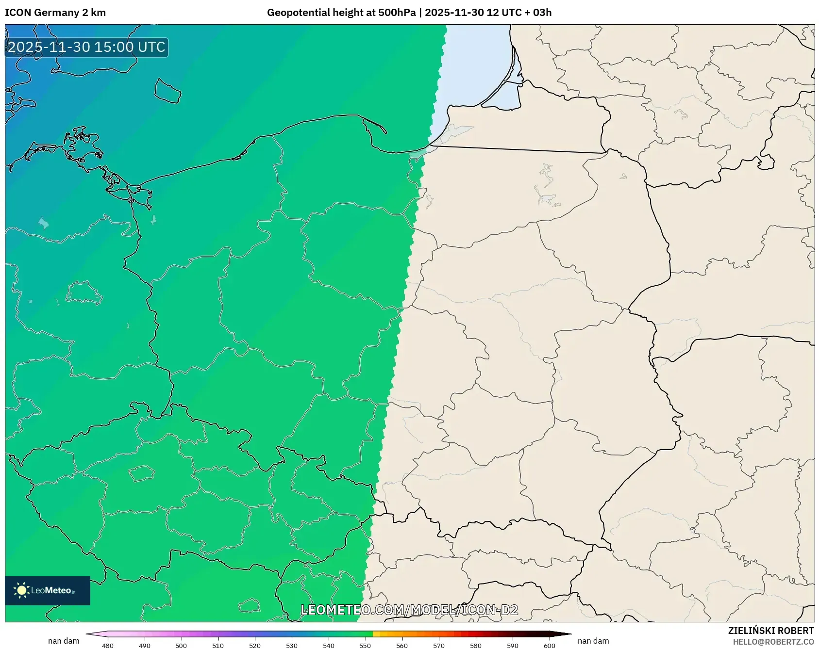 ICON Germany 2 km model - Poland, Geopotential height at 500hPa