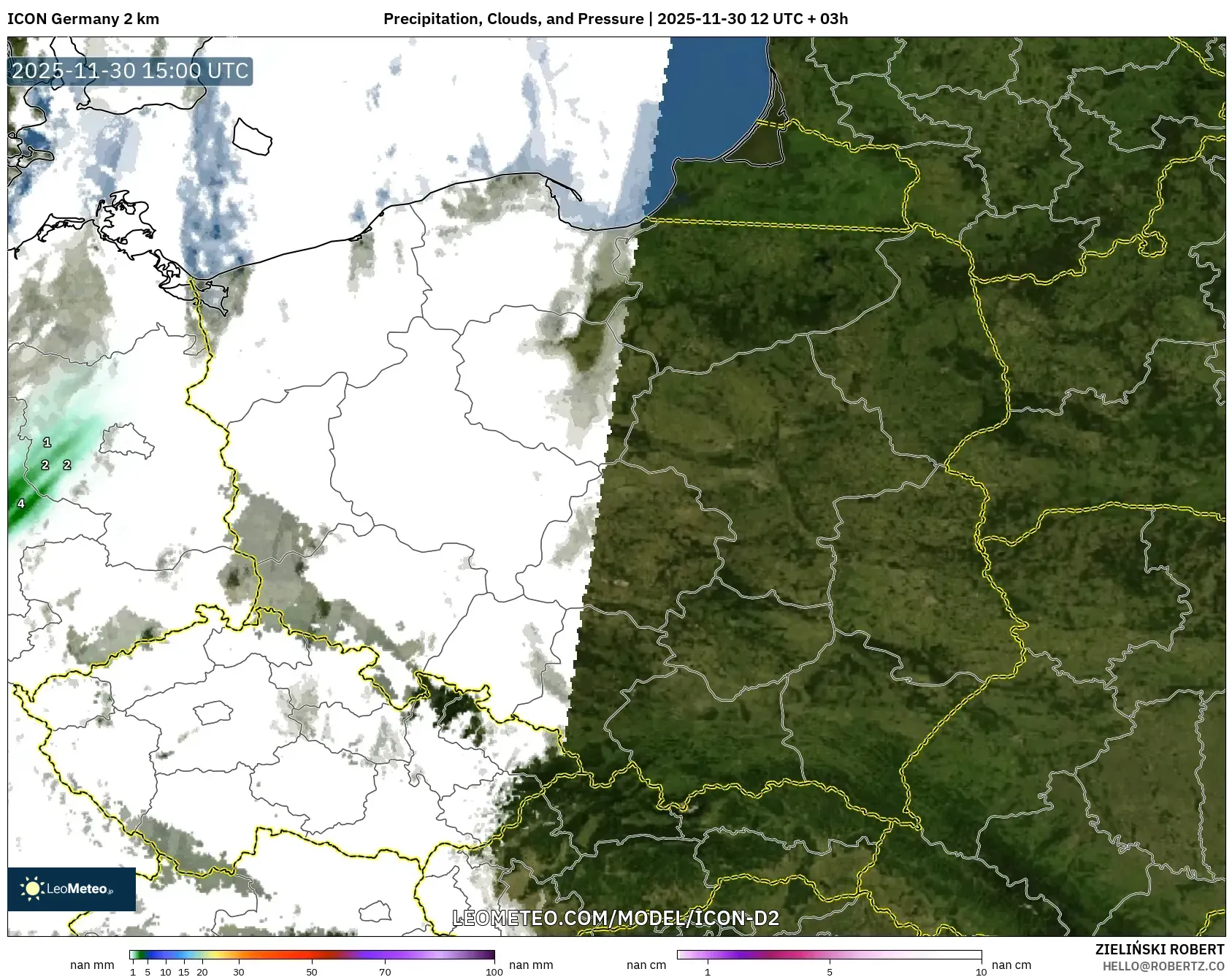 ICON Germany 2 km model - Poland, Precipitation, Clouds, and Pressure