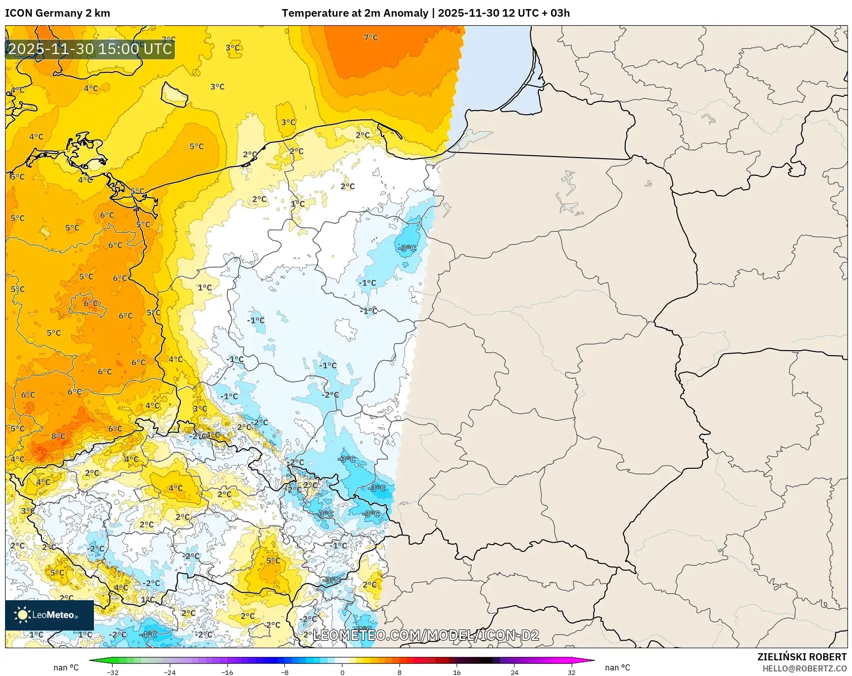 ICON Germany 2 km model - Poland, Temperature at 2m Anomaly