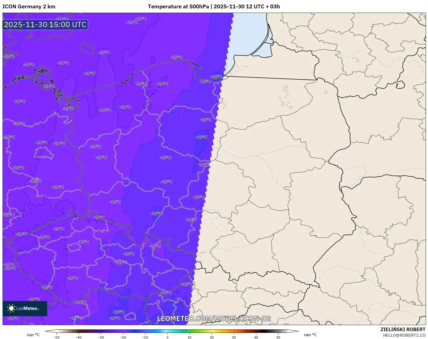 ICON Germany 2 km model - Poland, Temperature at 500hPa