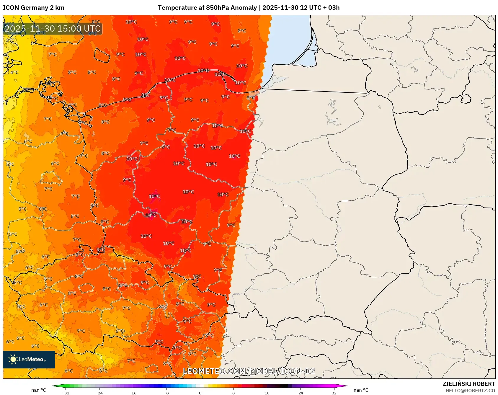 ICON Germany 2 km model - Poland, Temperature at 850hPa Anomaly