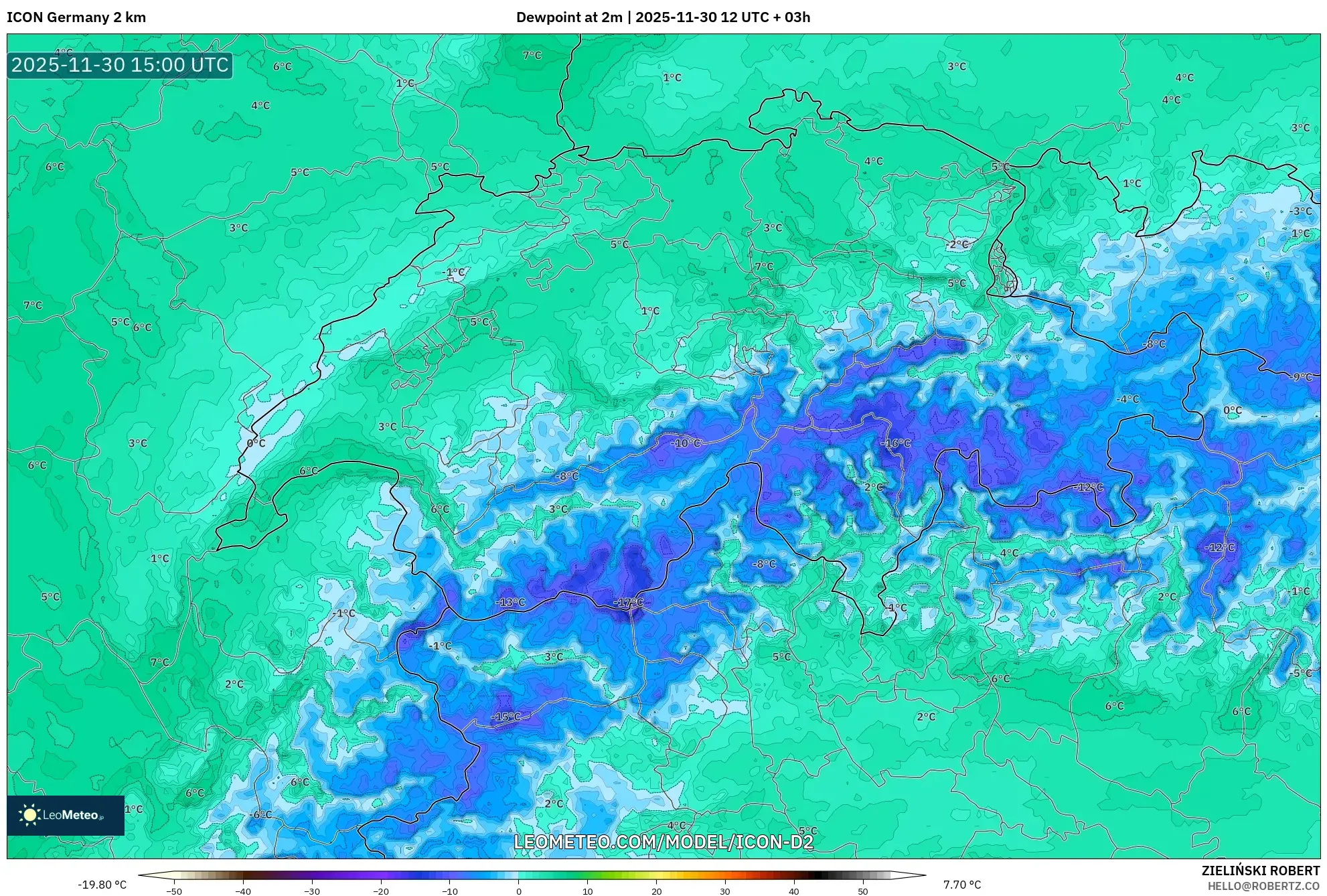 ICON Germany 2 km model - Switzerland, Dewpoint at 2m