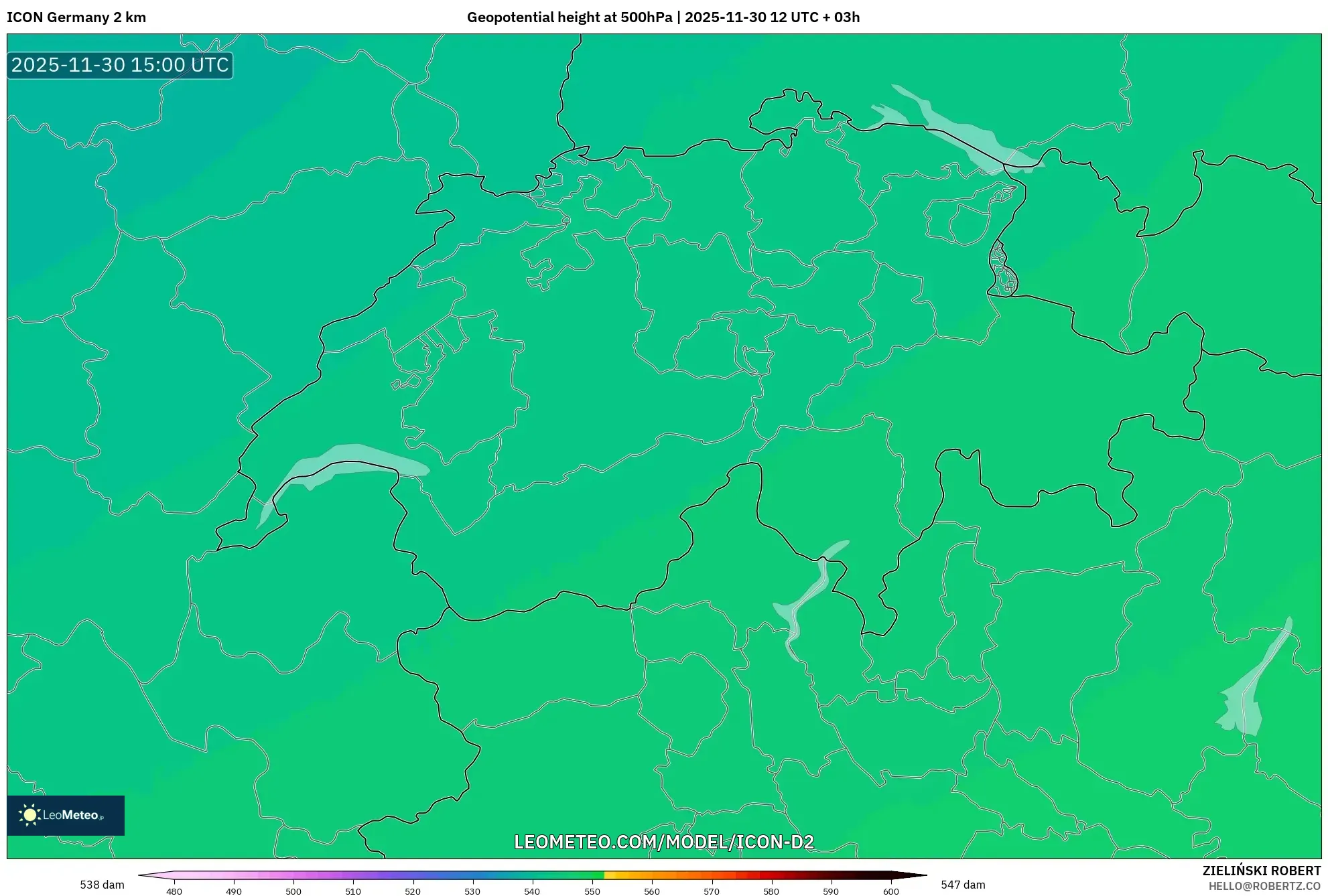 ICON Germany 2 km model - Switzerland, Geopotential height at 500hPa