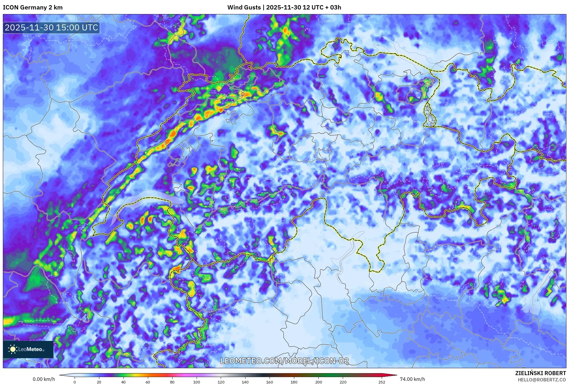 ICON Germany 2 km model - Switzerland, Wind Gusts