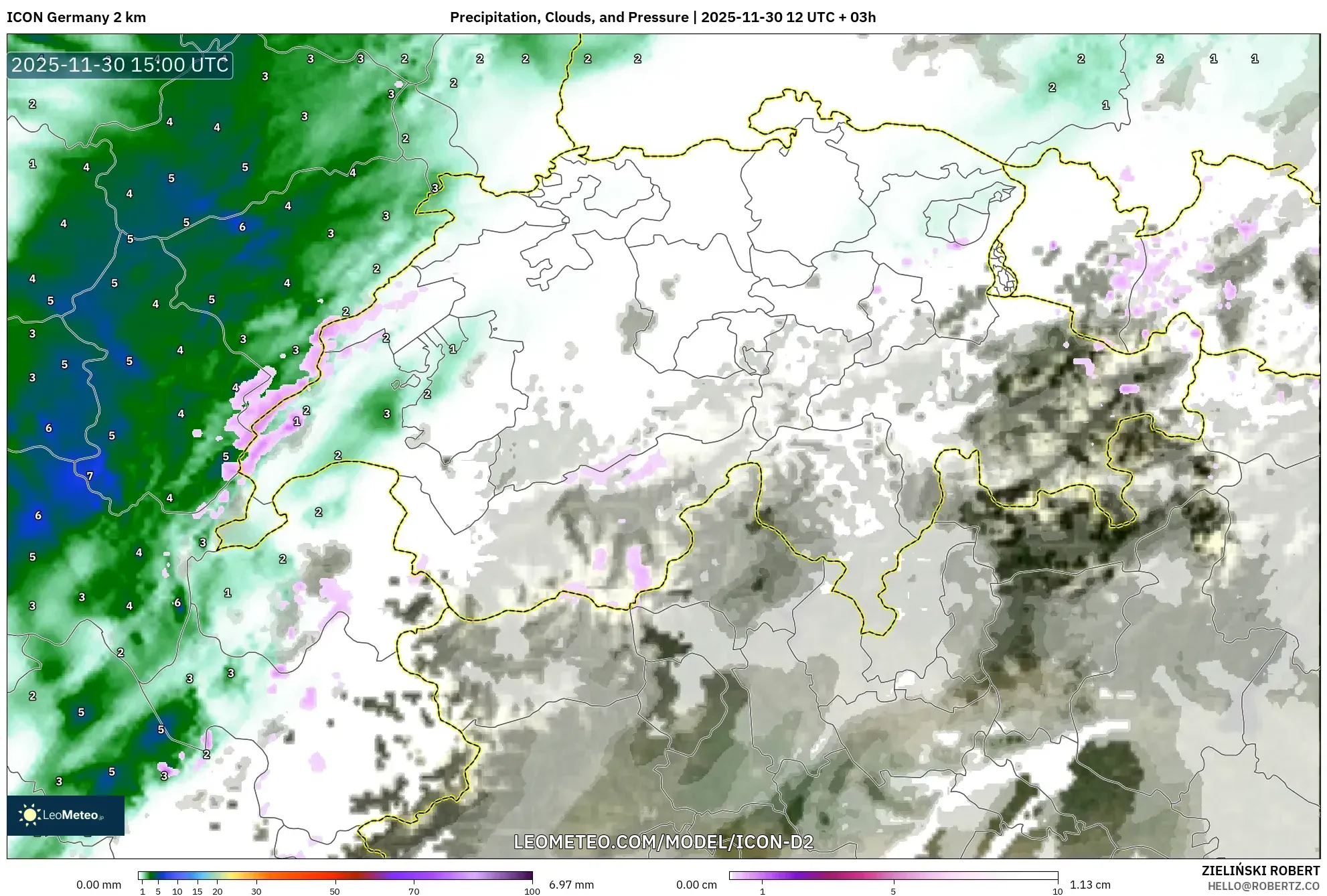 ICON Germany 2 km model - Switzerland, Precipitation, Clouds, and Pressure