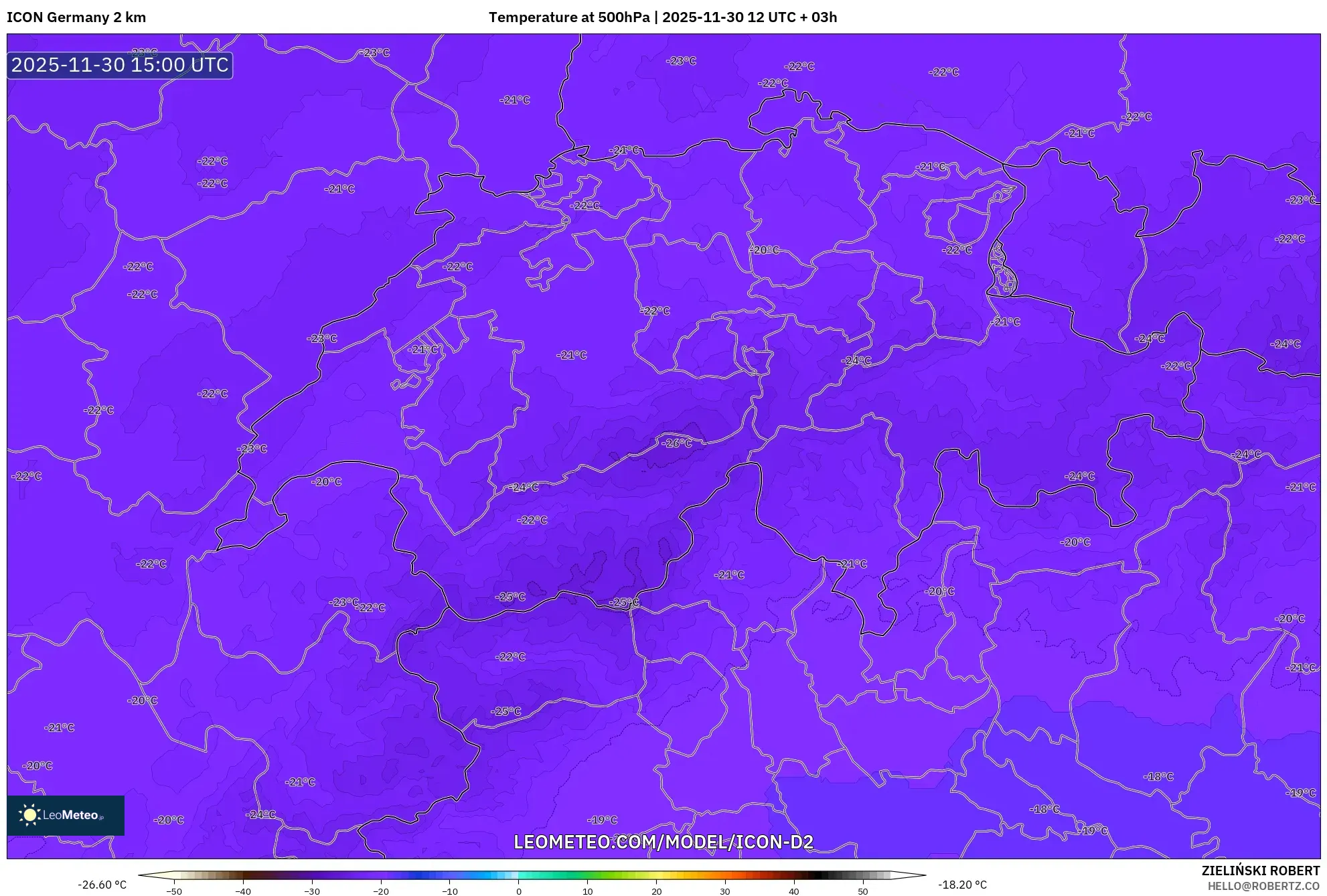 ICON Germany 2 km model - Switzerland, Temperature at 500hPa