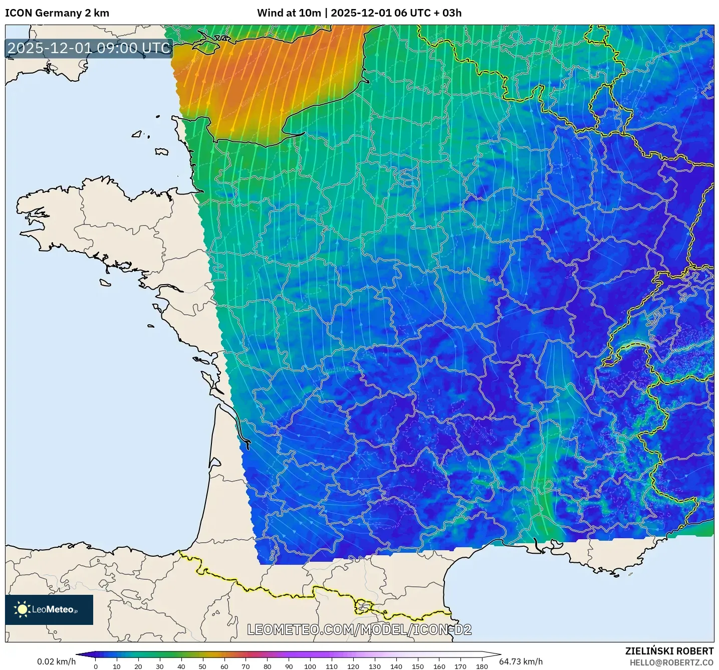 ICON Germany 2 km model - France, Wind at 10m