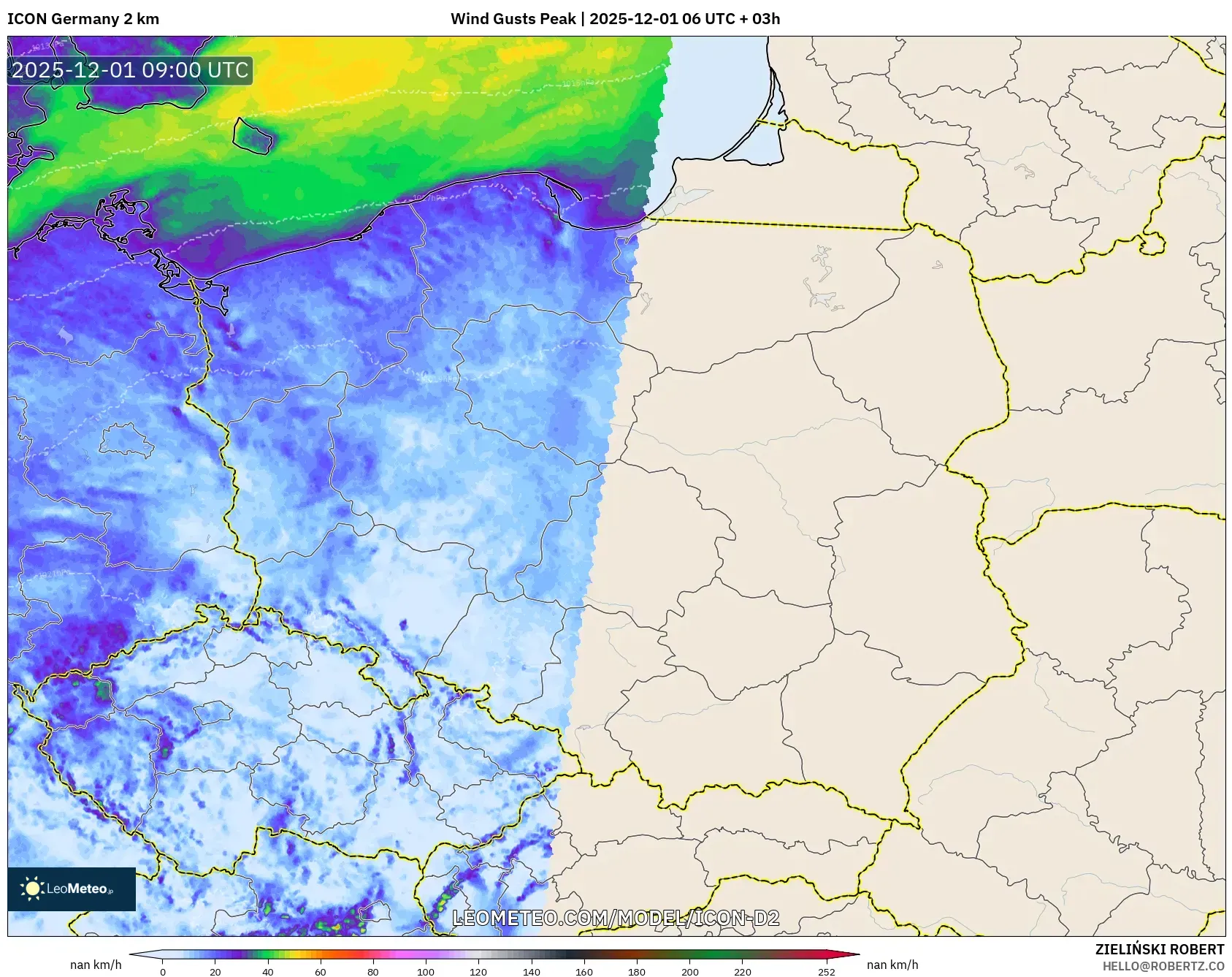 ICON Germany 2 km model - Poland, Wind Gusts Peak