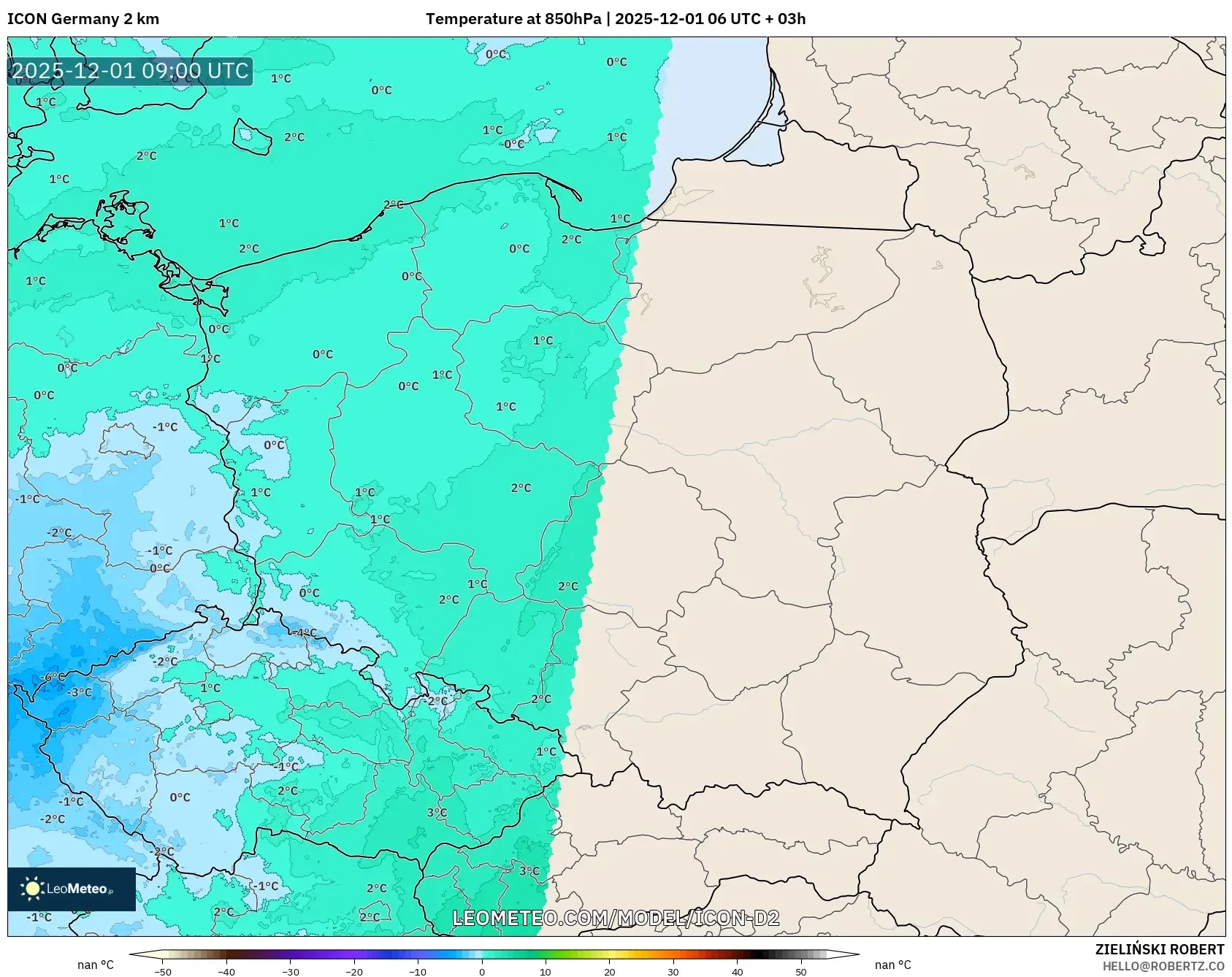 ICON Germany 2 km model - Poland, Temperature at 850hPa
