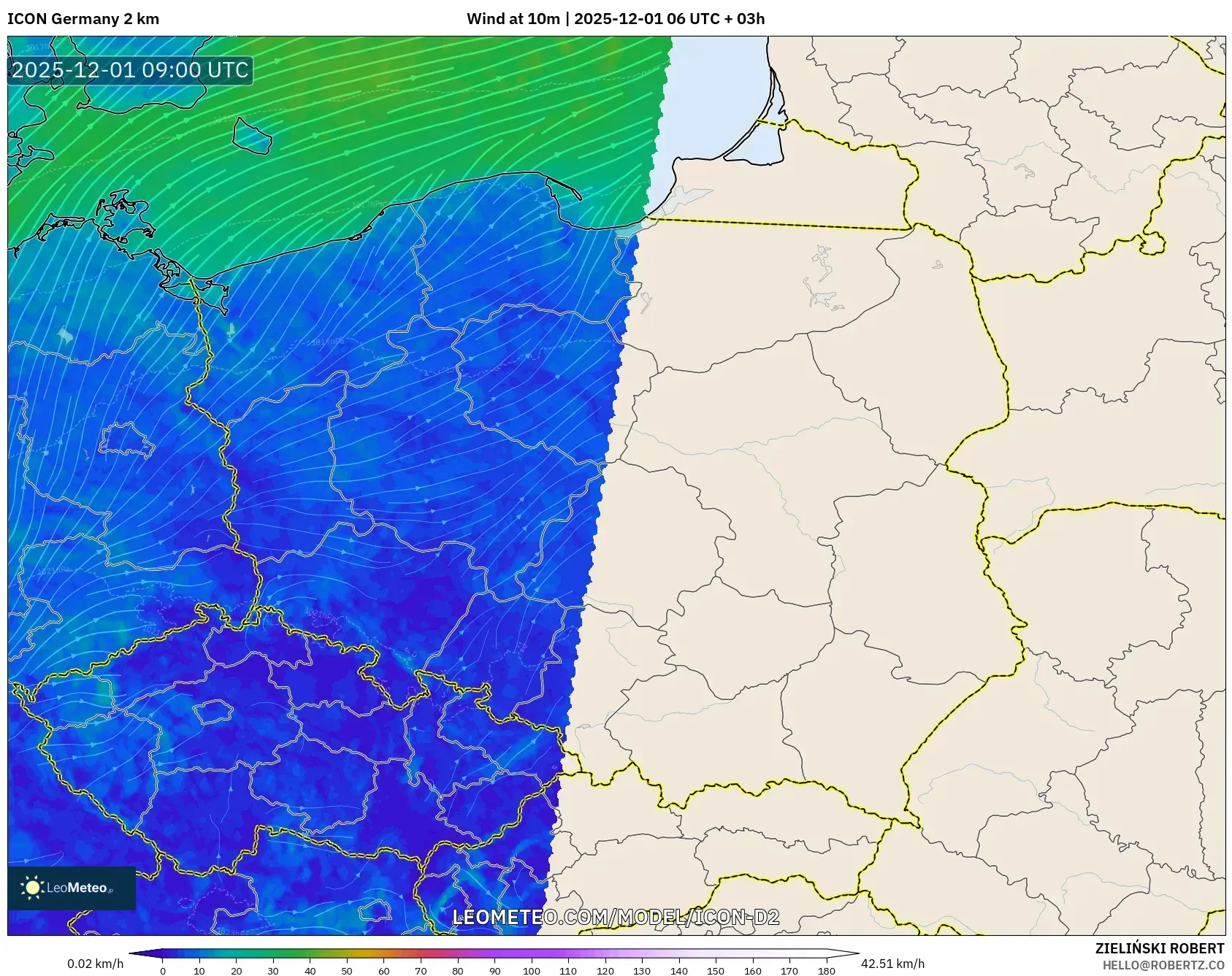 ICON Germany 2 km model - Poland, Wind at 10m