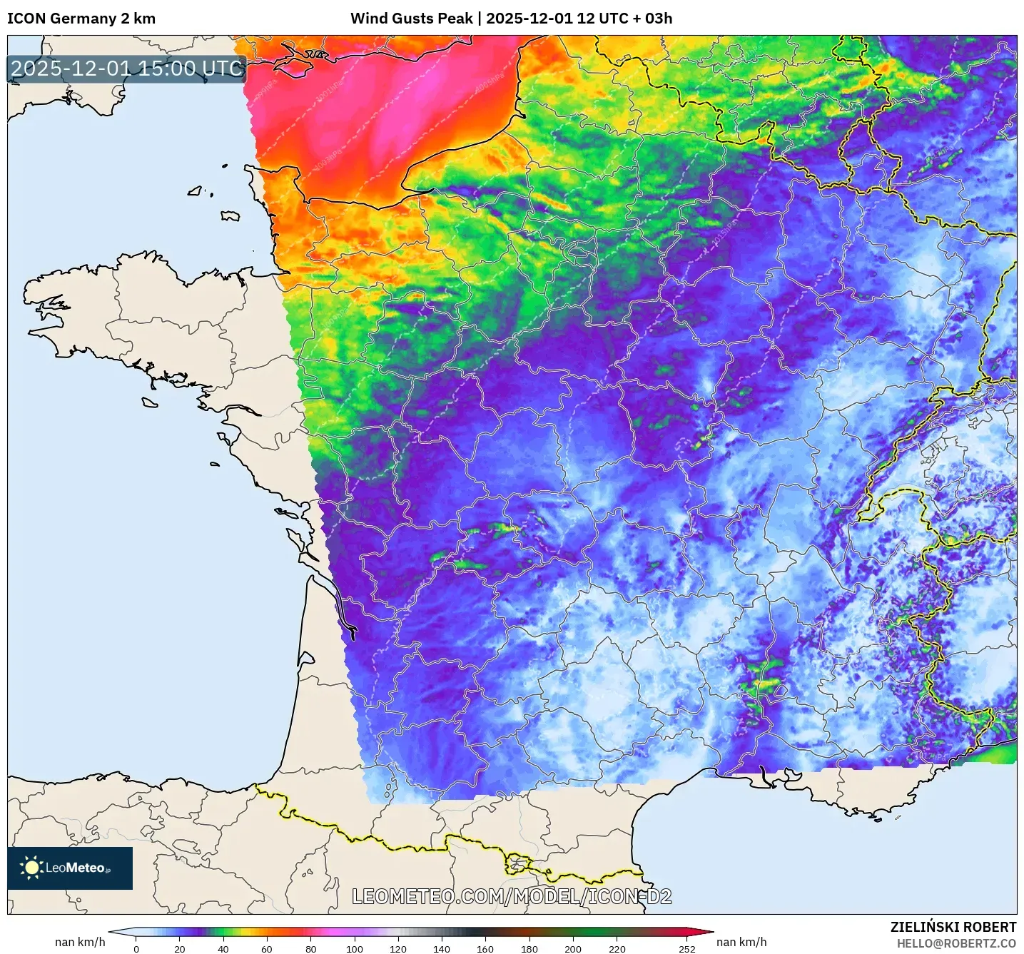ICON Germany 2 km model - France, Wind Gusts Peak