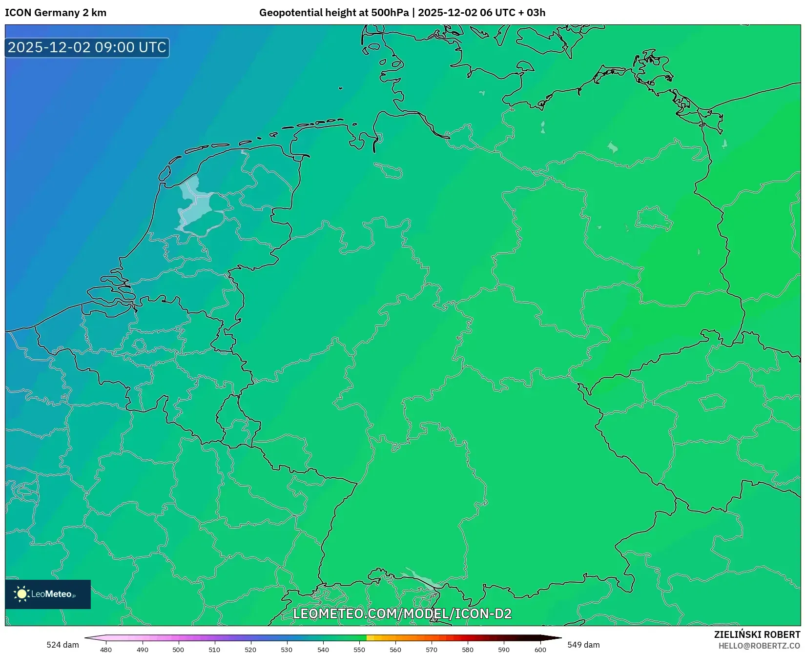 ICON Germany 2 km model - Germany, Geopotential height at 500hPa
