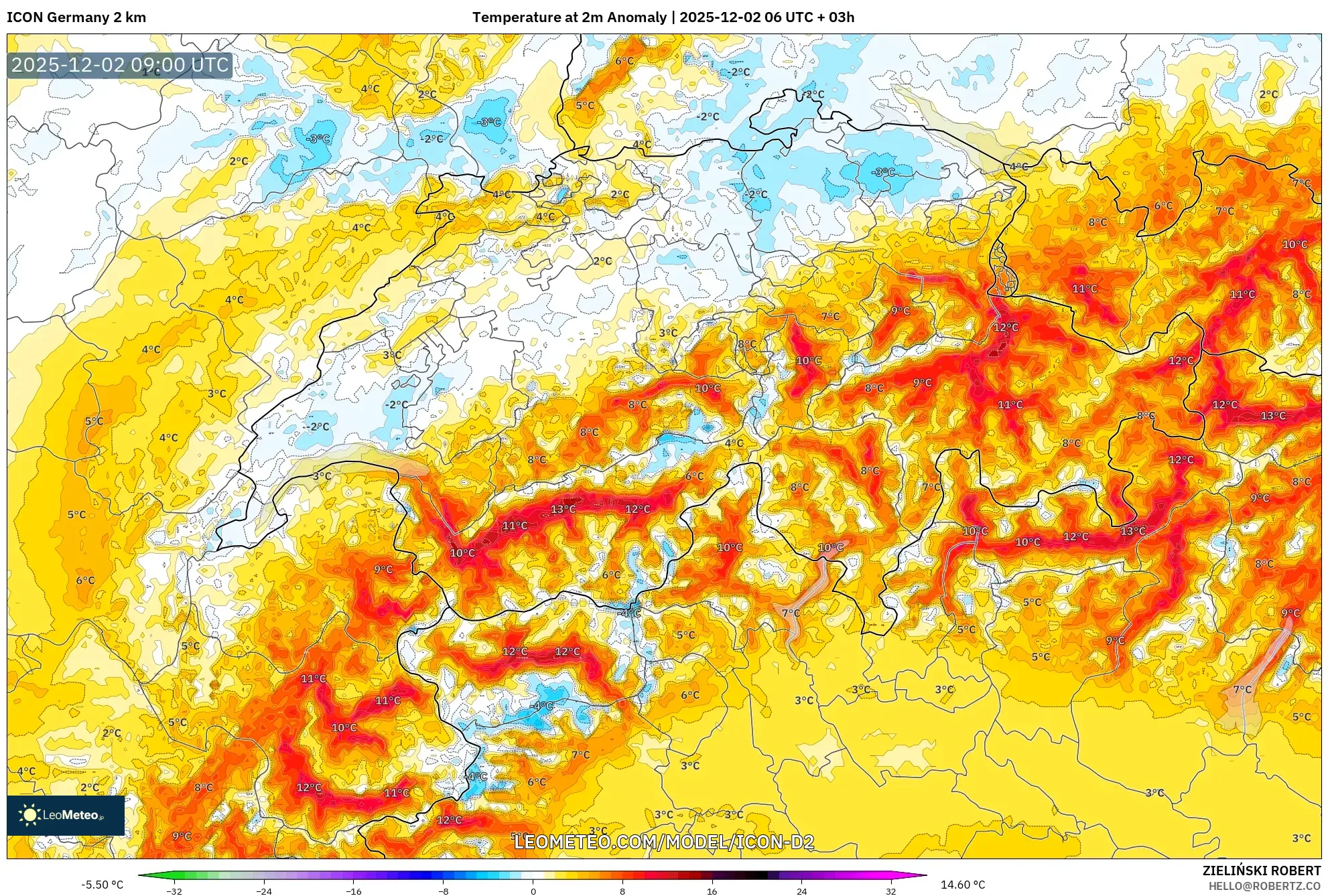 ICON Germany 2 km model - Switzerland, Temperature at 2m Anomaly