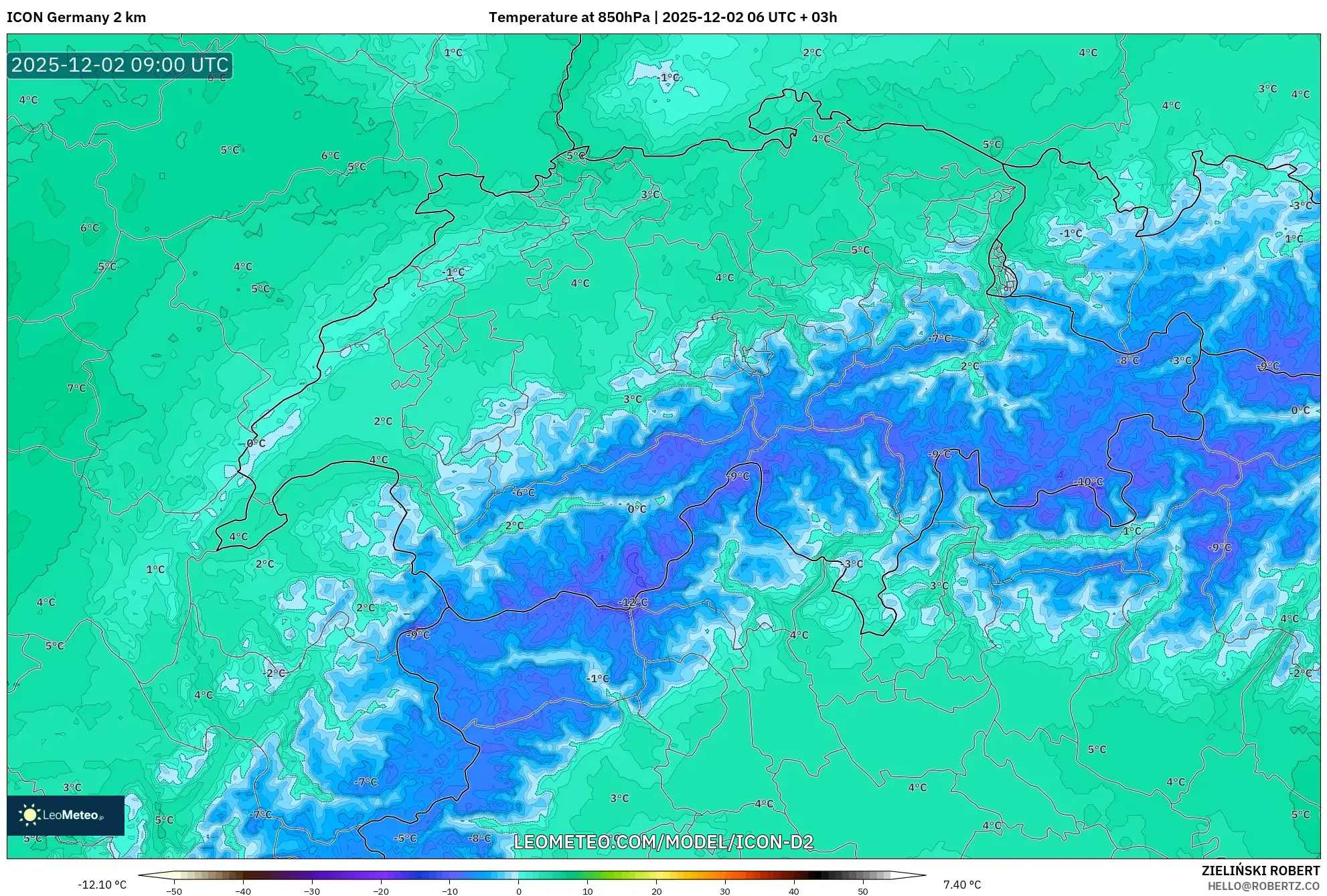 ICON Germany 2 km model - Switzerland, Temperature at 850hPa