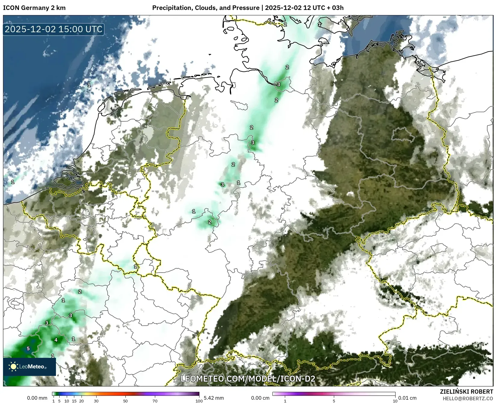 ICON Germany 2 km model - Germany, Precipitation, Clouds, and Pressure