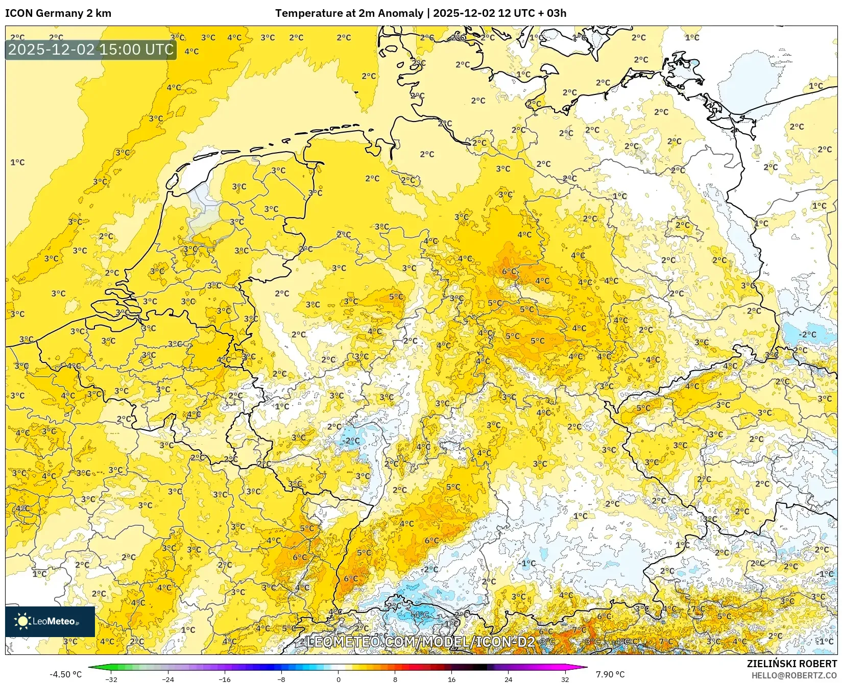 ICON Germany 2 km model - Germany, Temperature at 2m Anomaly
