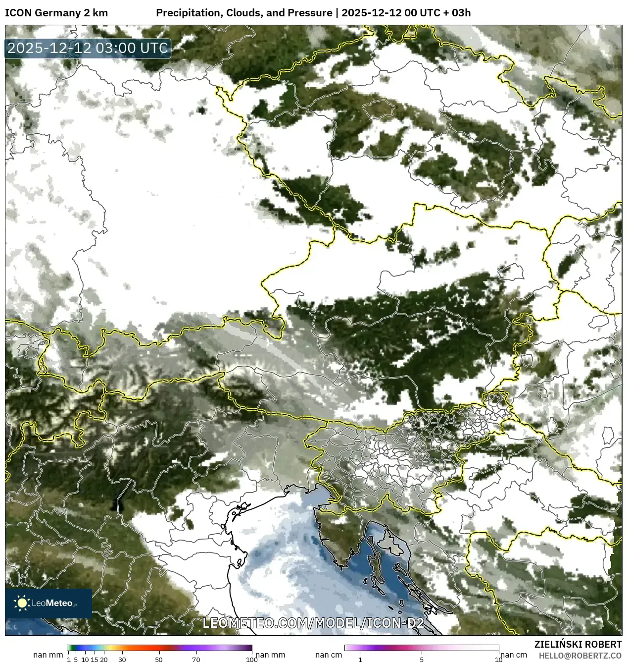 ICON Jerman 2 km model - Austria, Hujan, Awan dan Tekanan