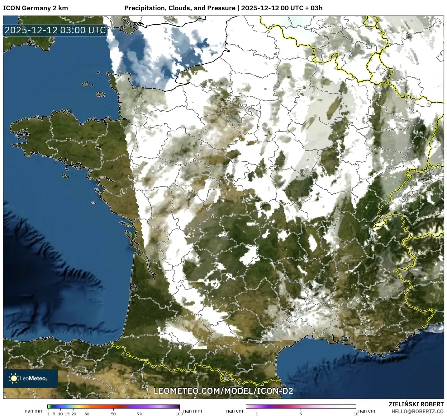ICON Jerman 2 km model - Perancis, Hujan, Awan dan Tekanan