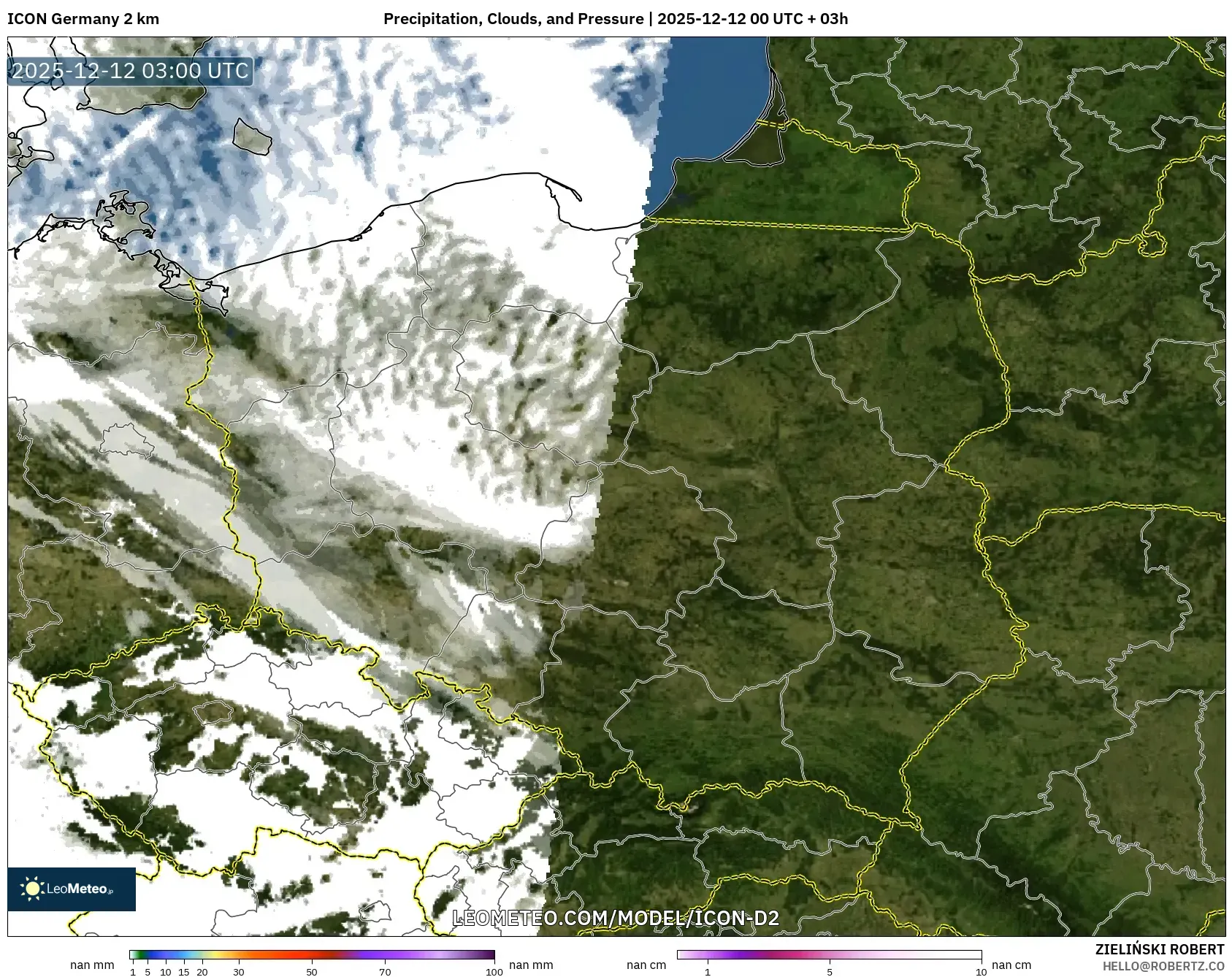 ICON Jerman 2 km model - Poland, Hujan, Awan dan Tekanan