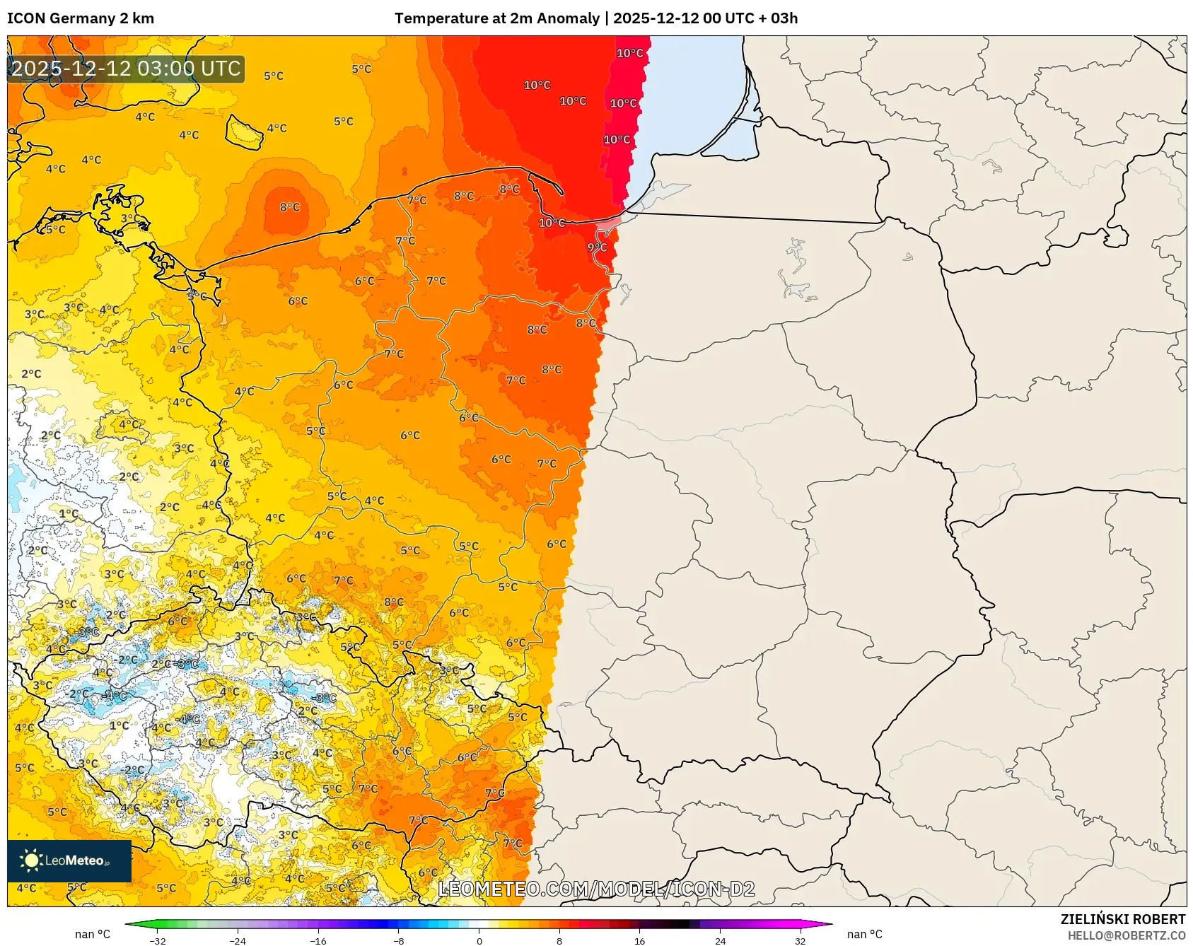 ICON Jerman 2 km model - Poland, Anomali Suhu 2 m