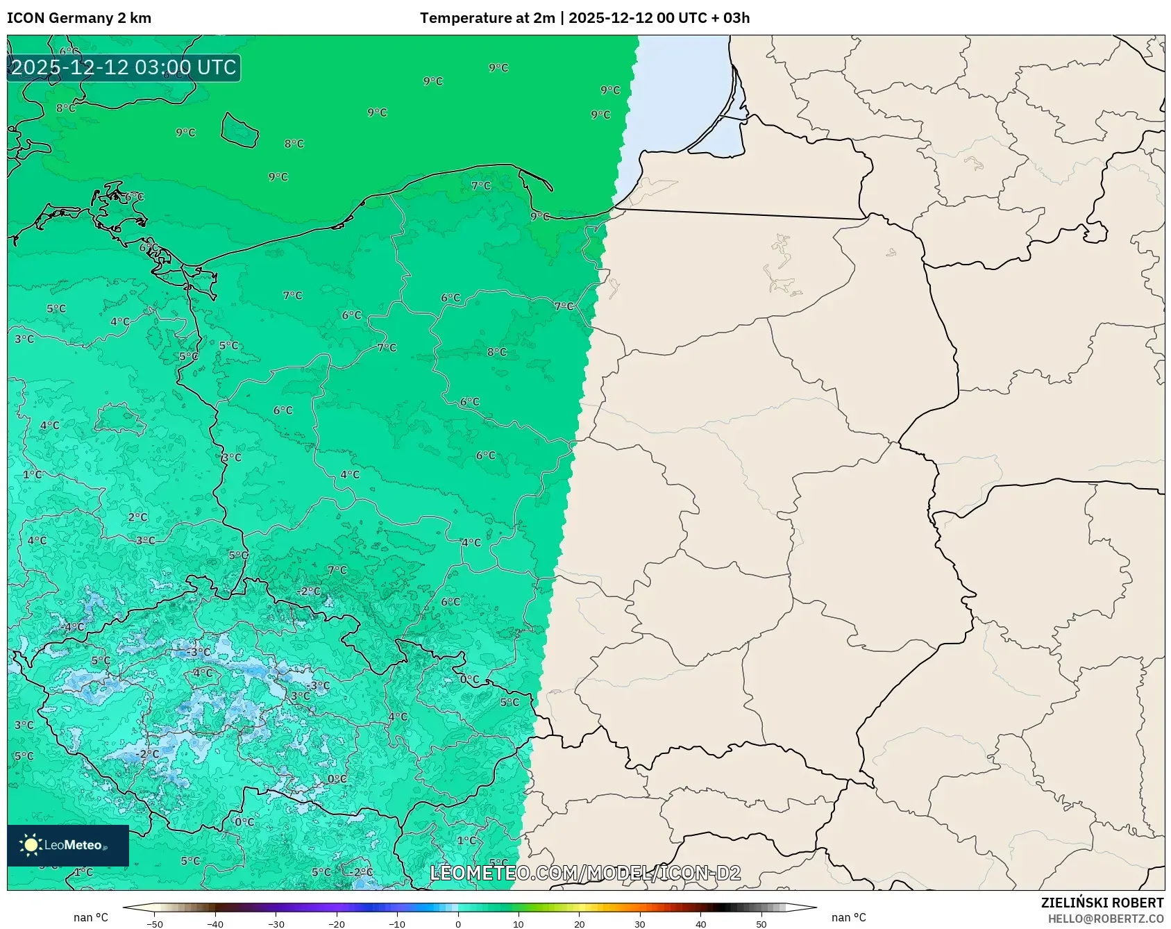 ICON Jerman 2 km model - Poland, Suhu pada 2 m