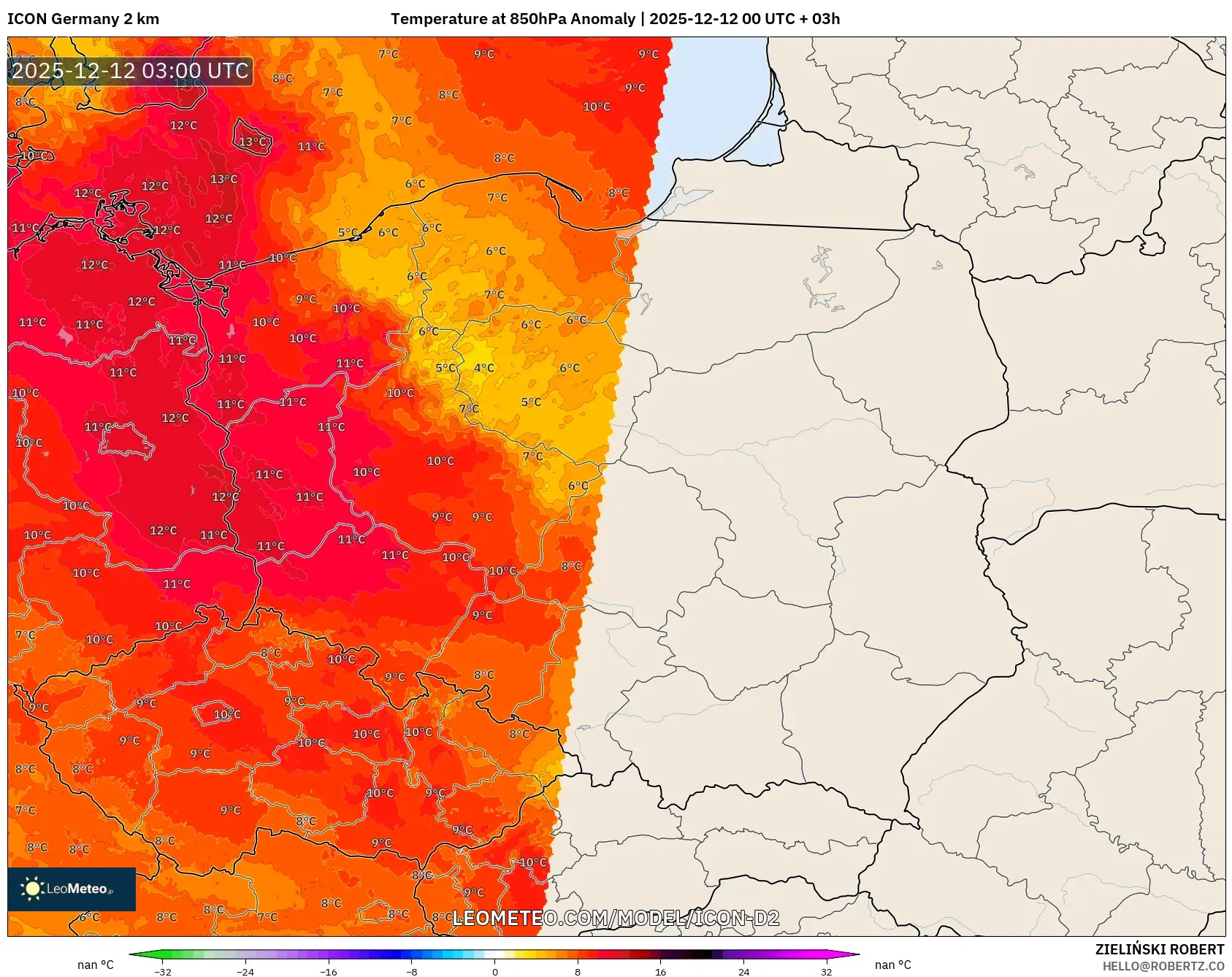 ICON Jerman 2 km model - Poland, Anomali Suhu 850 hPa