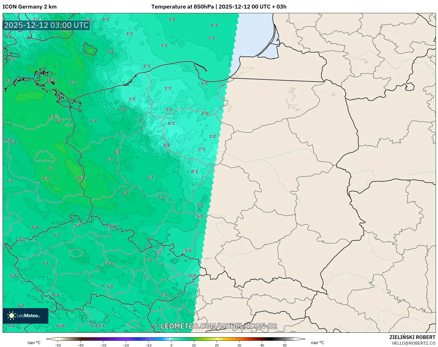 ICON Jerman 2 km model - Poland, Suhu 850 hPa
