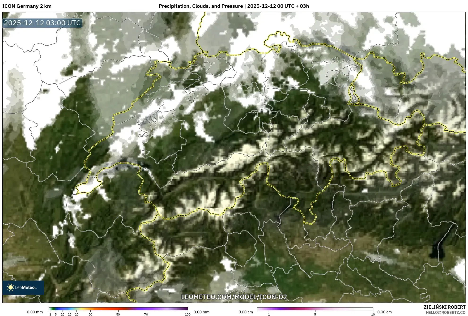 ICON Jerman 2 km model - Switzerland, Hujan, Awan dan Tekanan