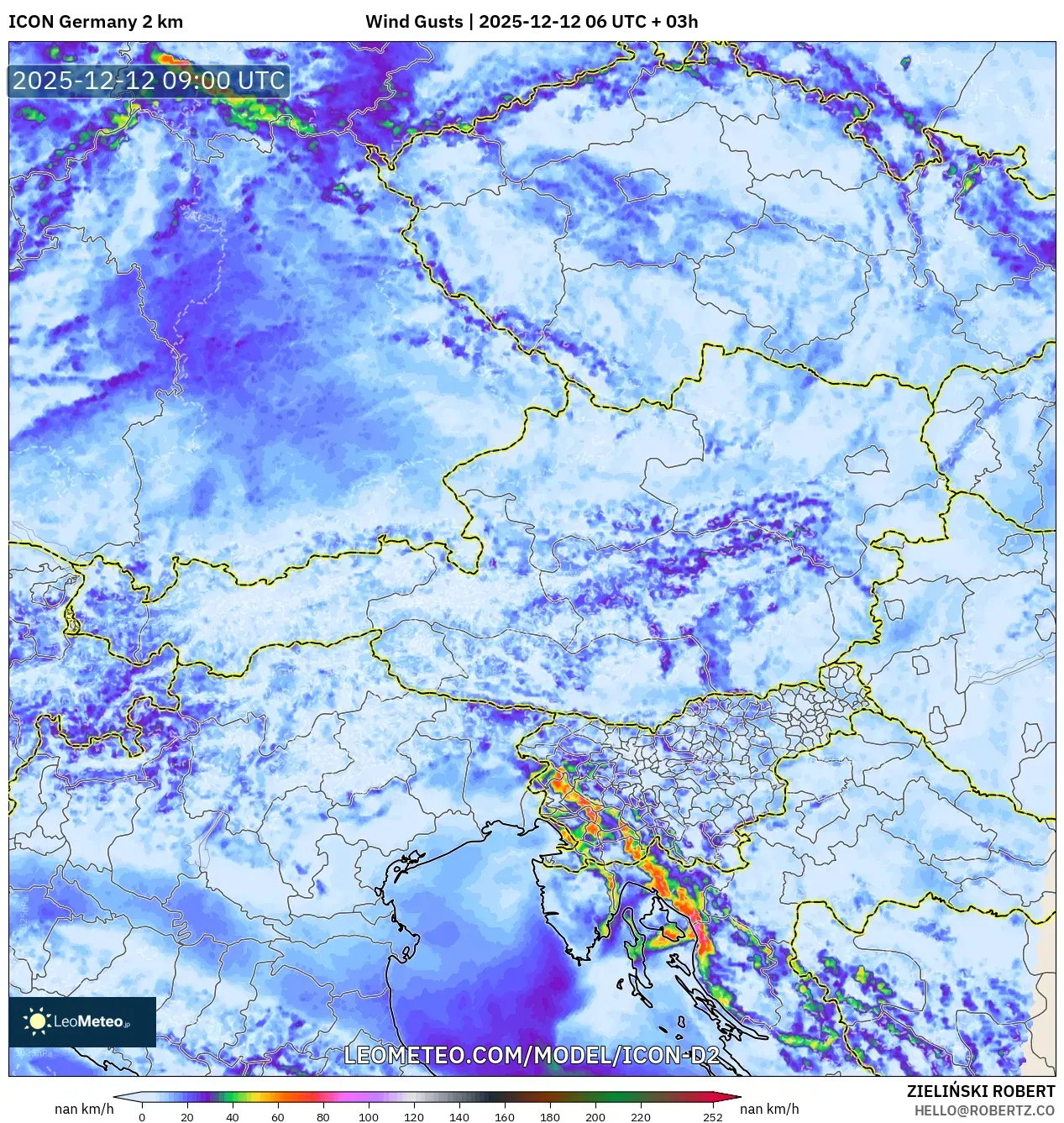 ICON Jerman 2 km model - Austria, Hembusan Angin